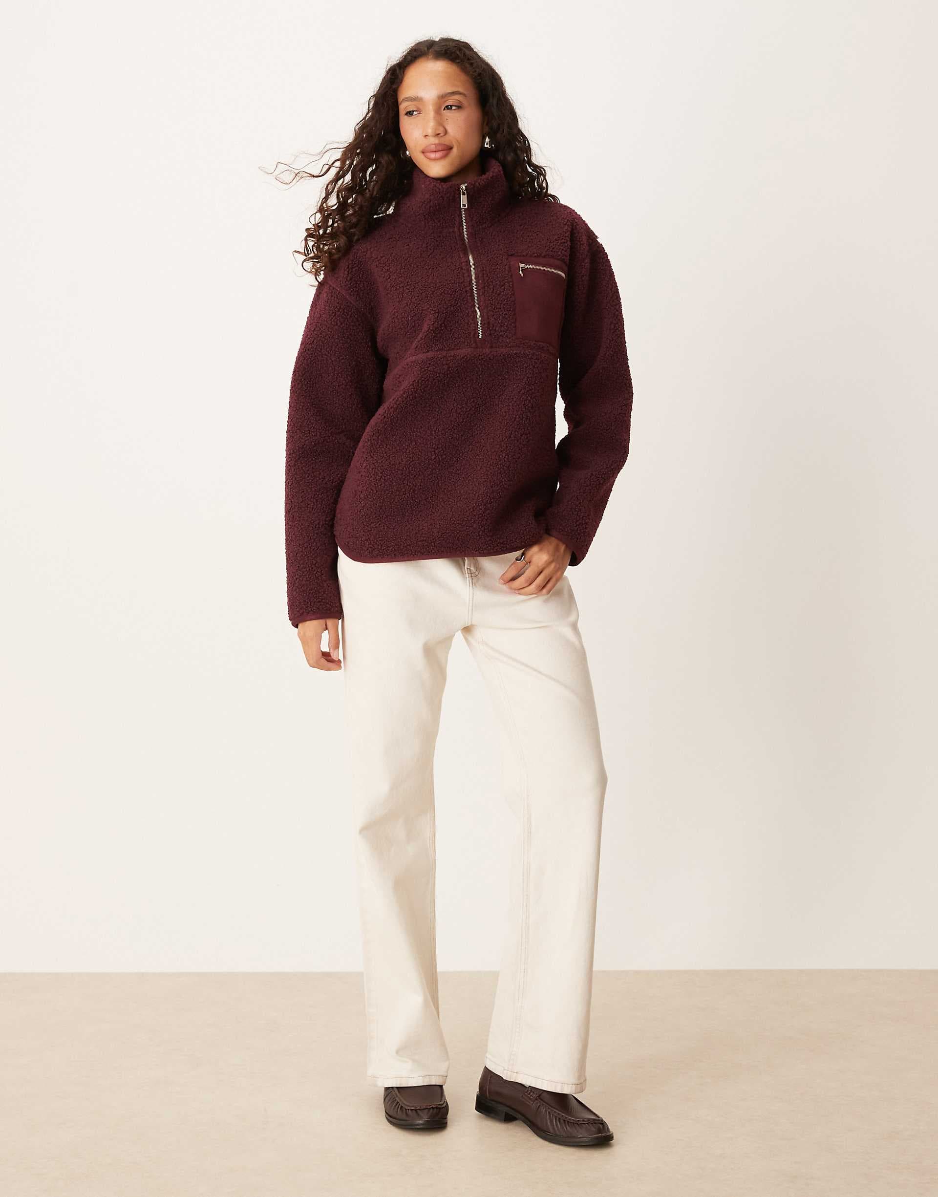 Threadbare teddy 1/4 zip fleece sweater with pocket detail in fig