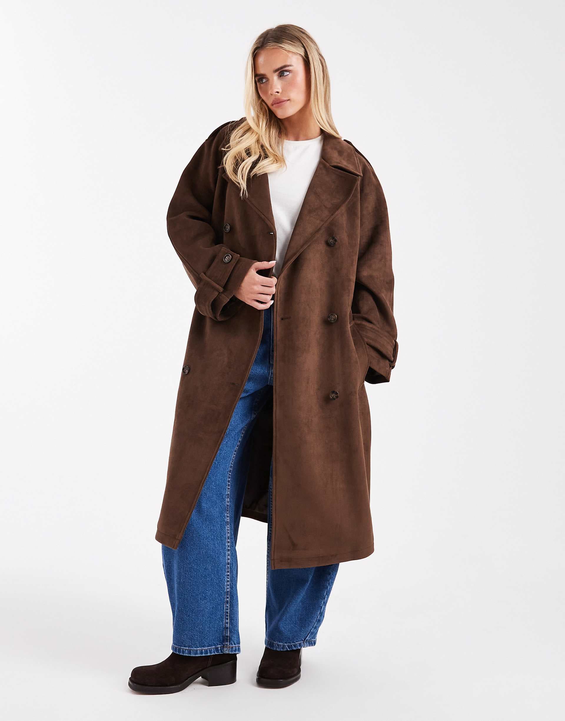 Miss Selfridge Petite suedette trench coat in chocolate