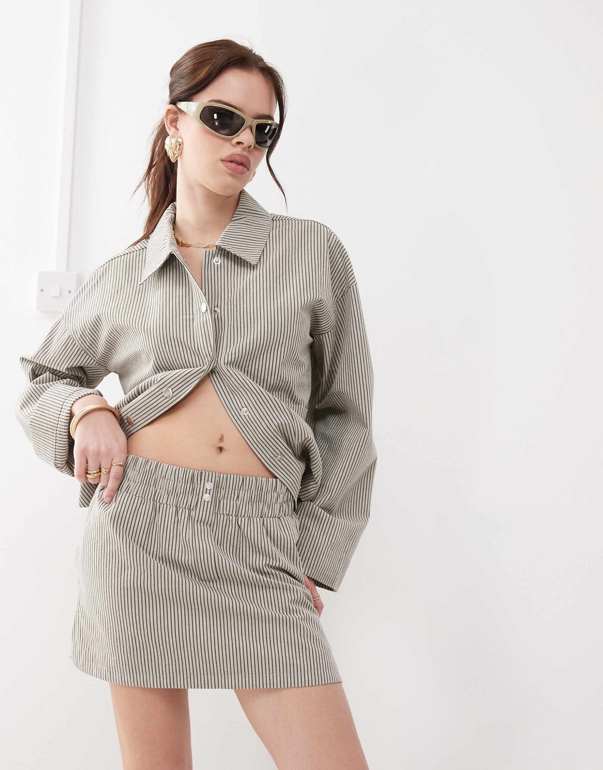 Noisy May boxer mini skirt in gray stripe - part of a set