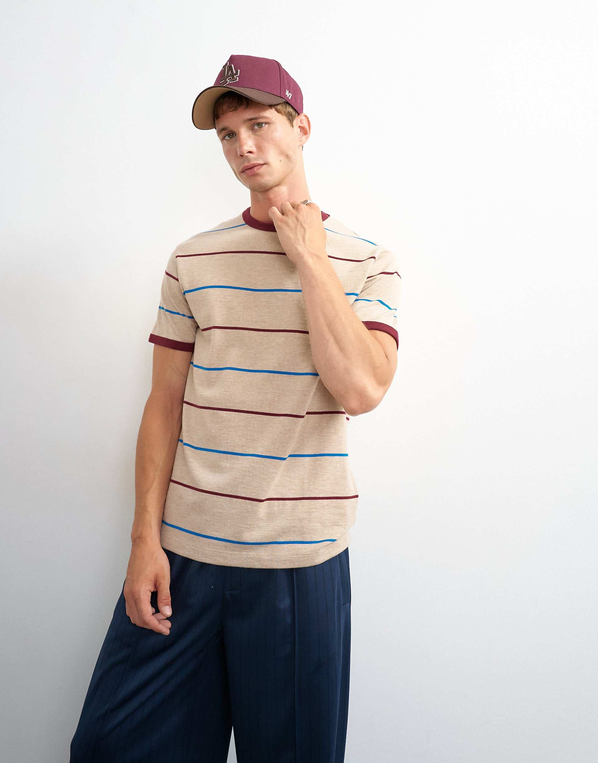Topman classic fit striped t-shirt in oatmeal