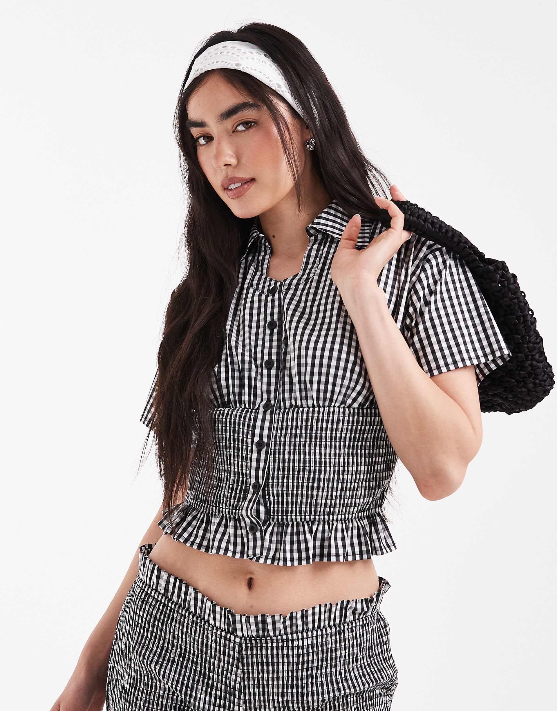 Daisy Street shirred detail shirt in black gingham - part of a set