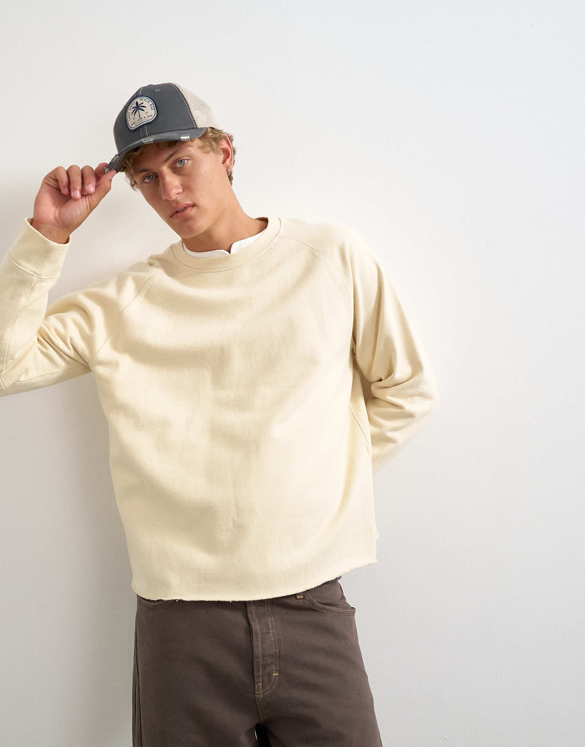 Topman classic fit crop raglan sweatshirt with raw hem in ecru