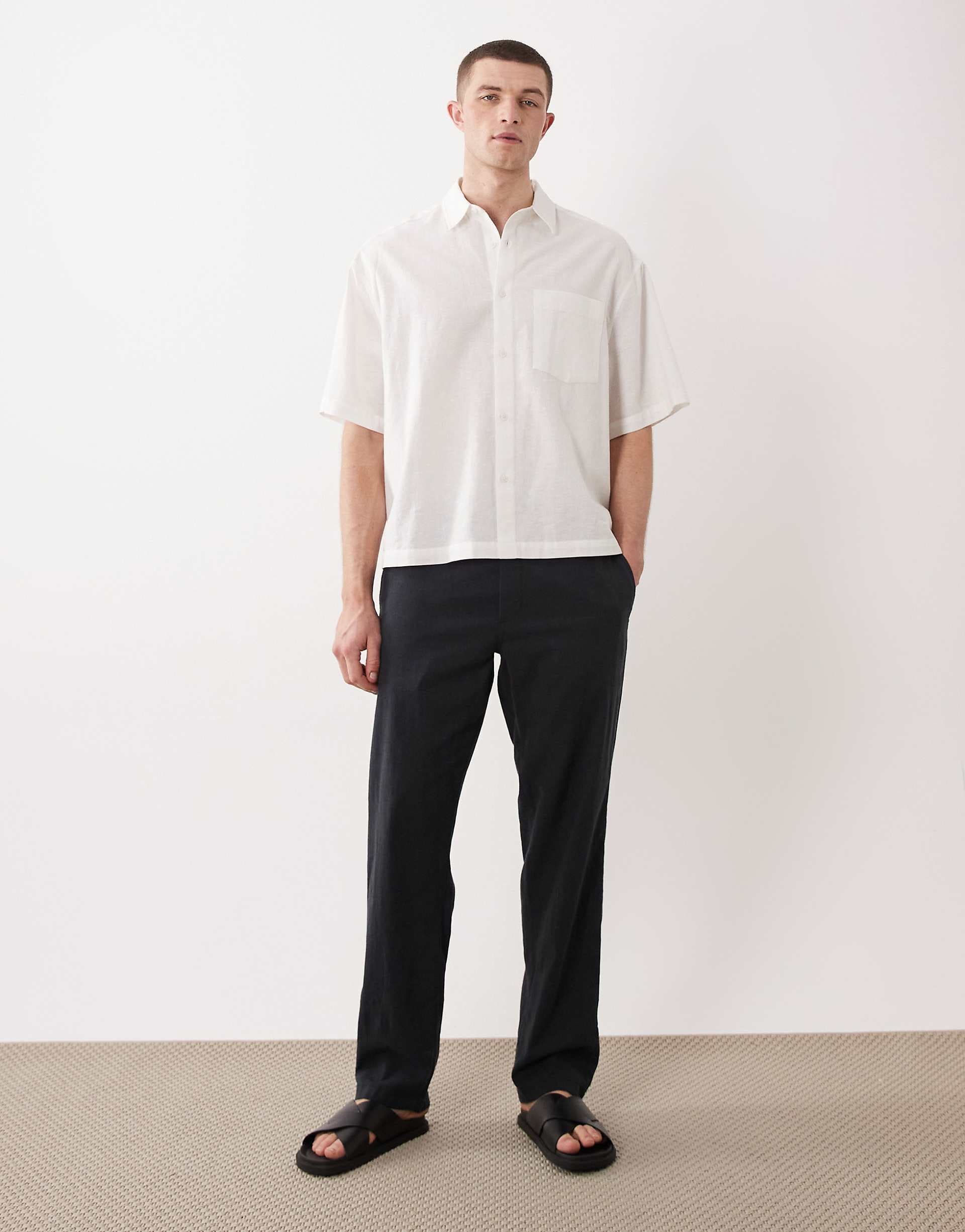 JJ Rebel drawstring linen mix pants in black
