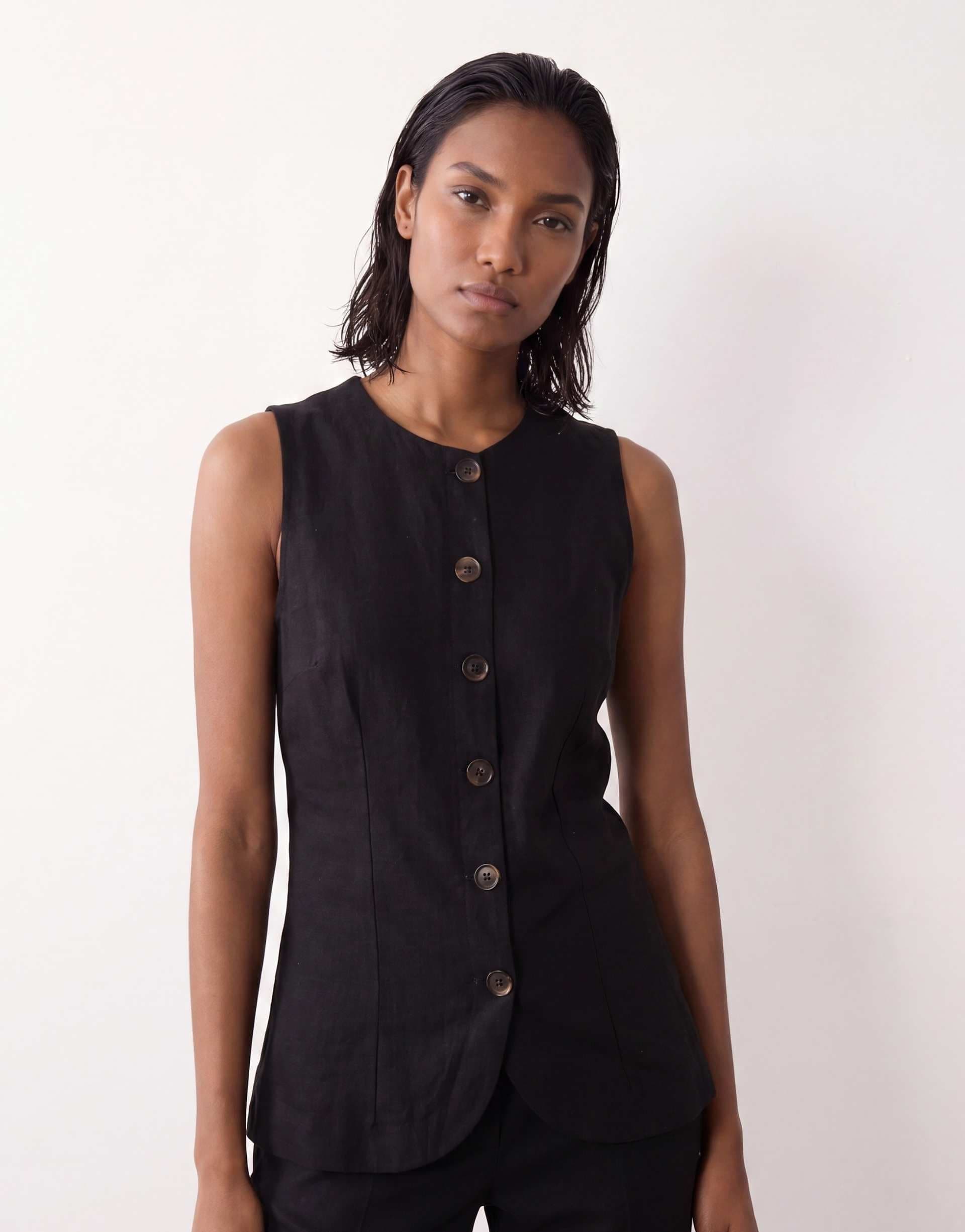 ASOS DESIGN Linen blend longline vest with button front in black