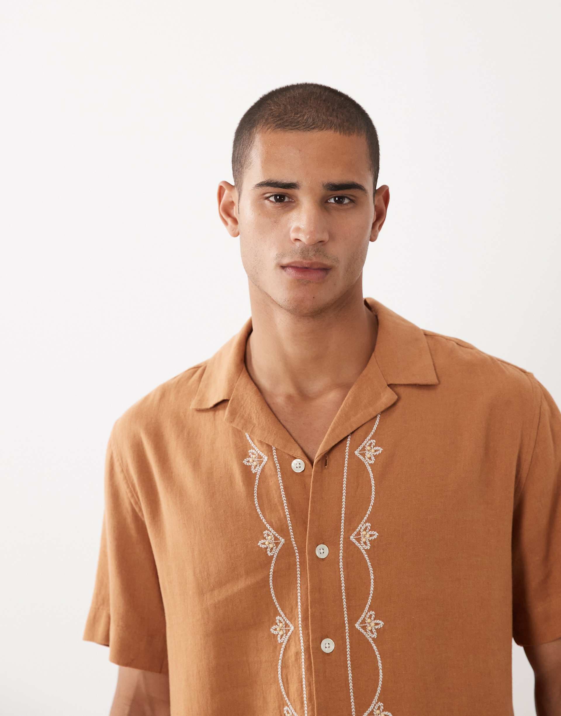 Abercrombie & Fitch linen rich embroidered short sleeve resort shirt in light brown