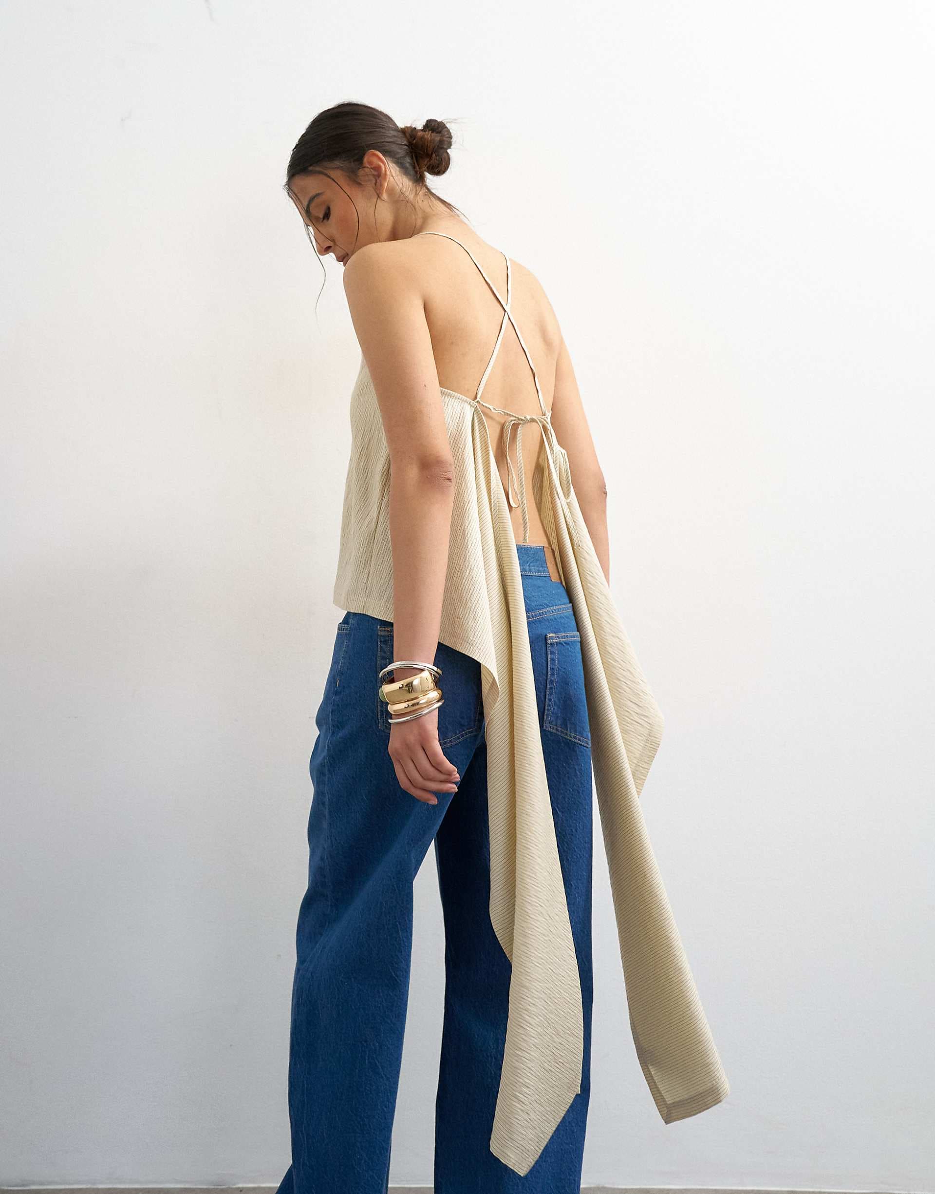 Topshop square neck cami with drape back detail in ecru