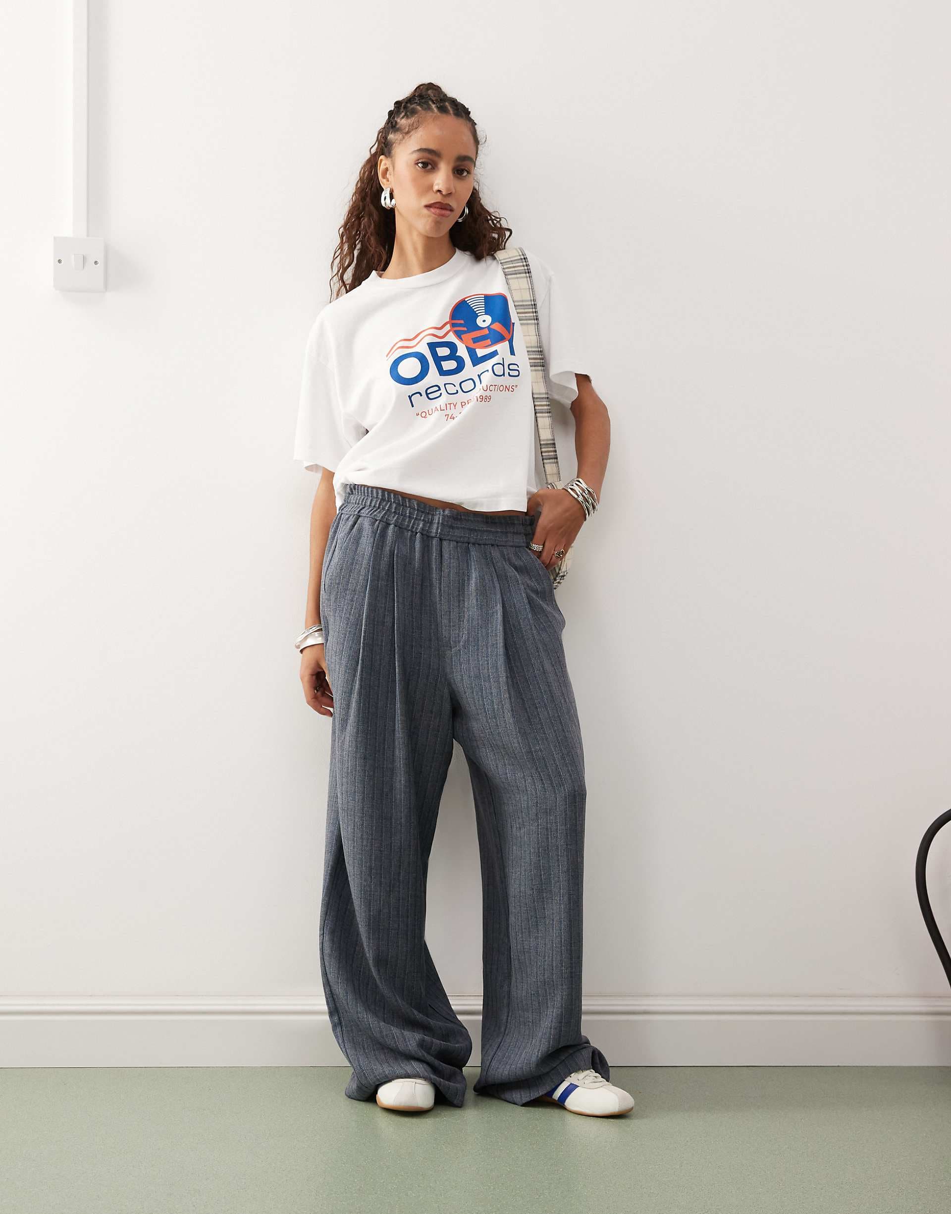 COLLUSION relaxed pull on pants in navy stripe