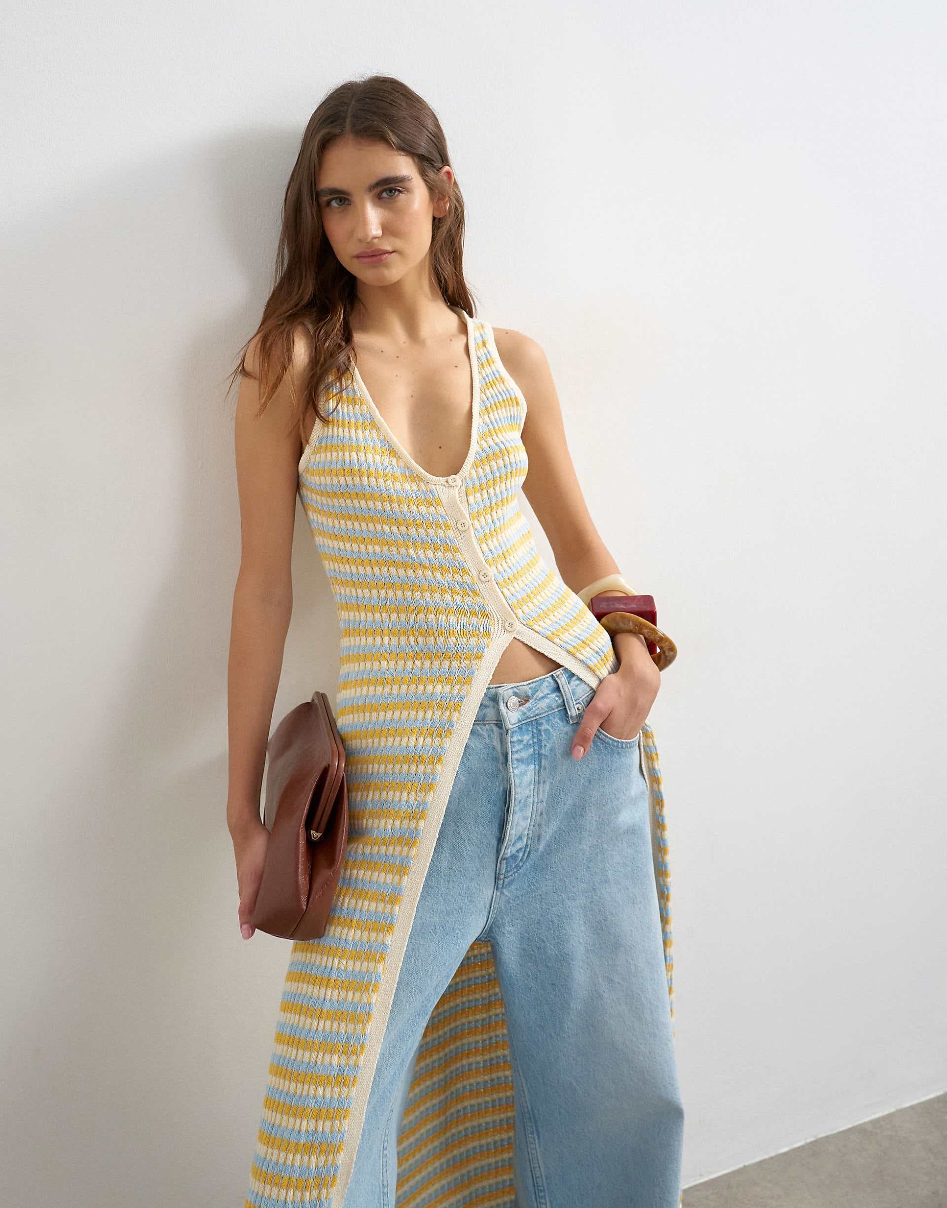 Topshop knit pleated long line cardi in multi