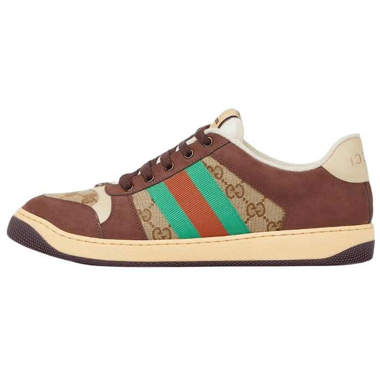 GUCCI Screener Canvas Round Toe Lace-Up Red Green Web Metal Double G Enamel Low-Top Skate Shoes Men's Dark Brown