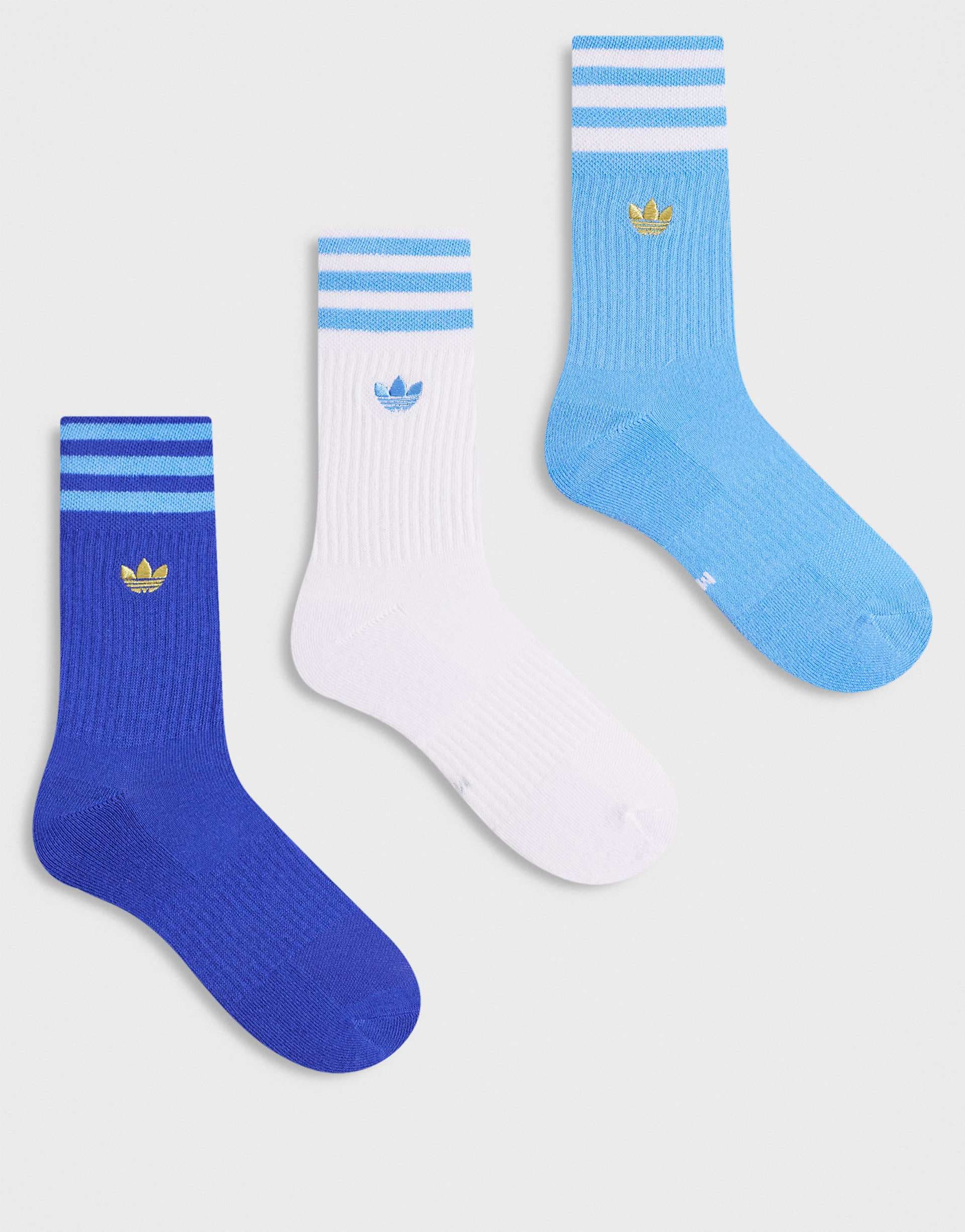 adidas Originals Trefoil 3 pack crew socks in blue multi