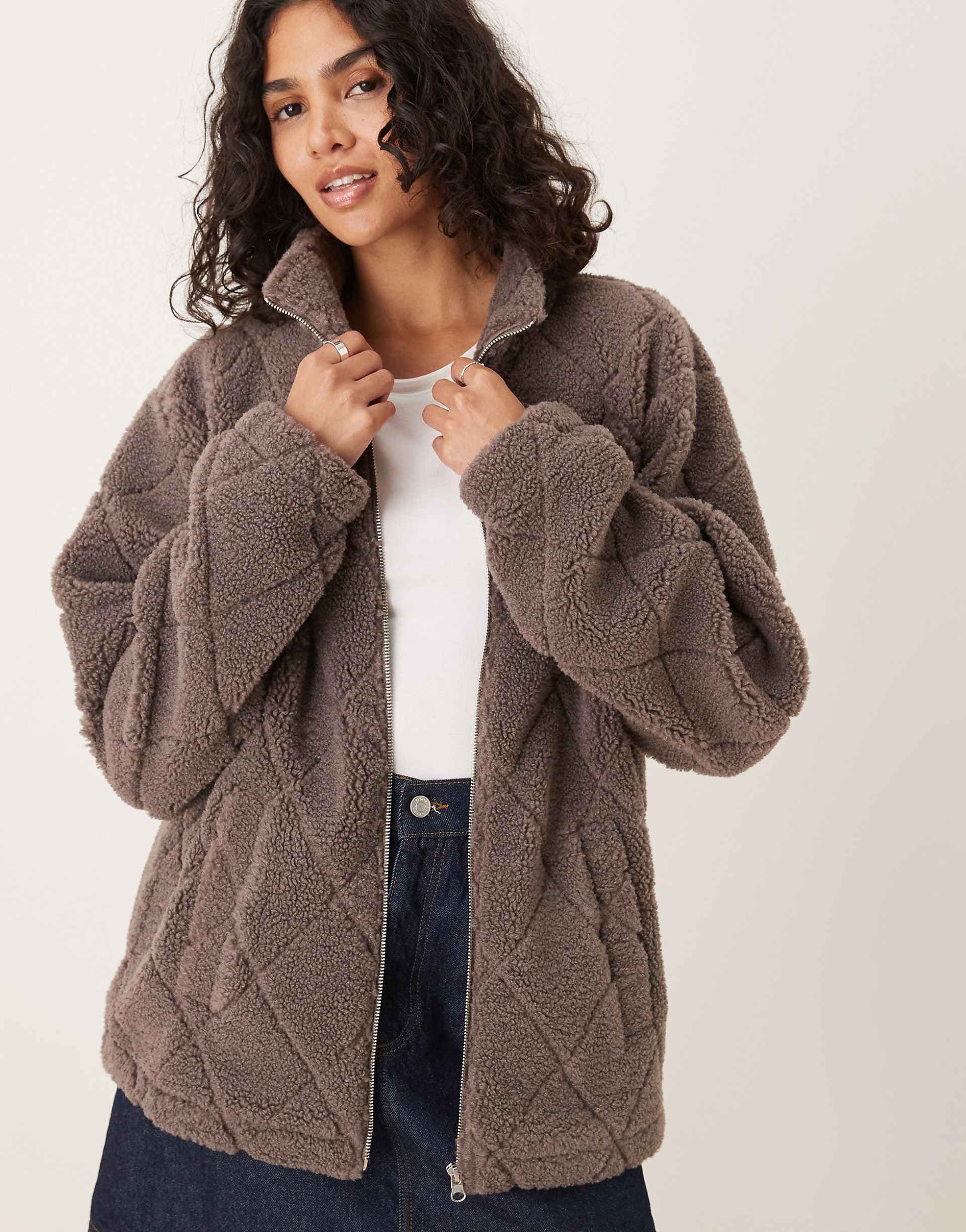 ASOS DESIGN quilted teddy full zip up fleece in light brown