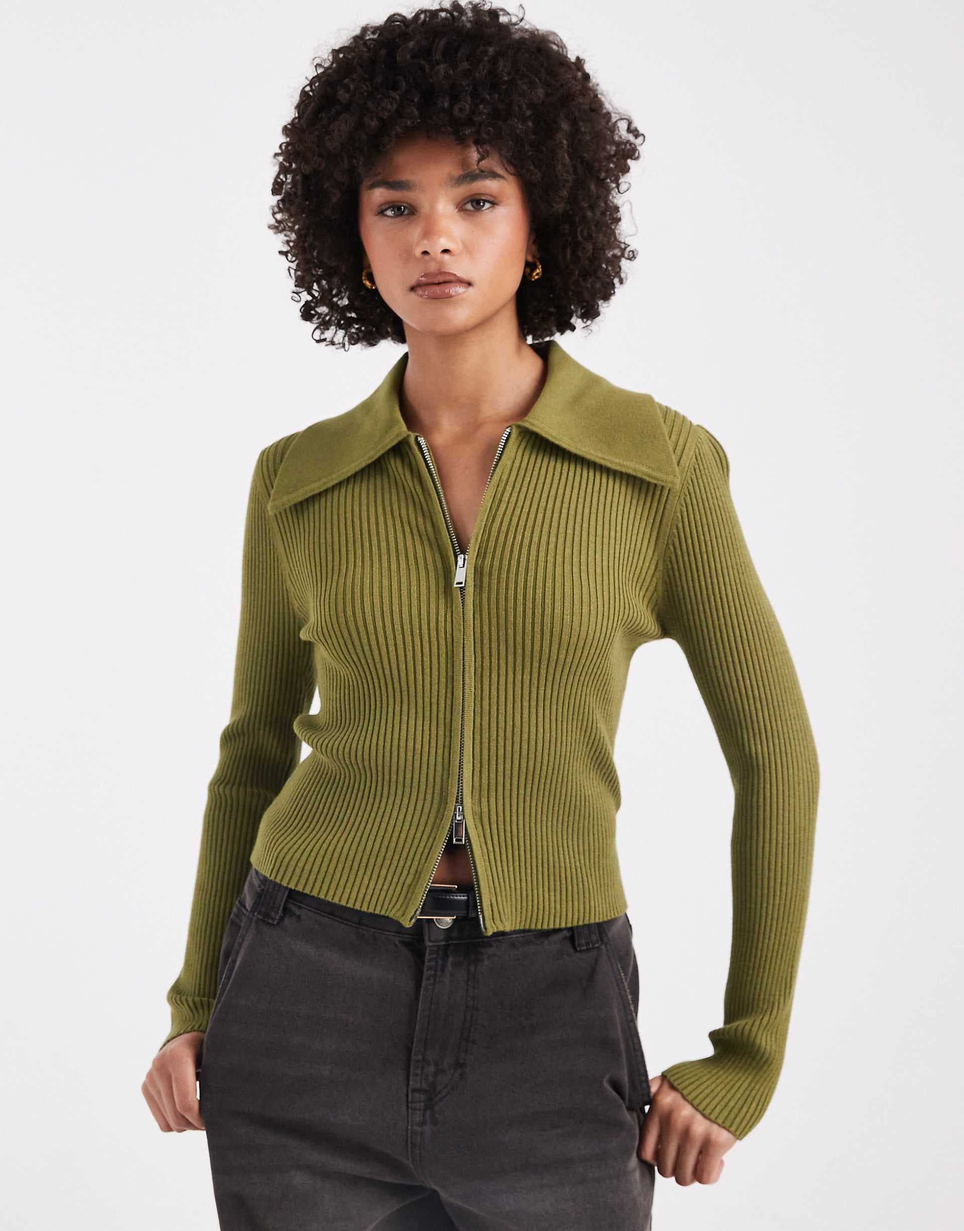 Miss Selfridge rib knit zip detail collar cardigan in olive