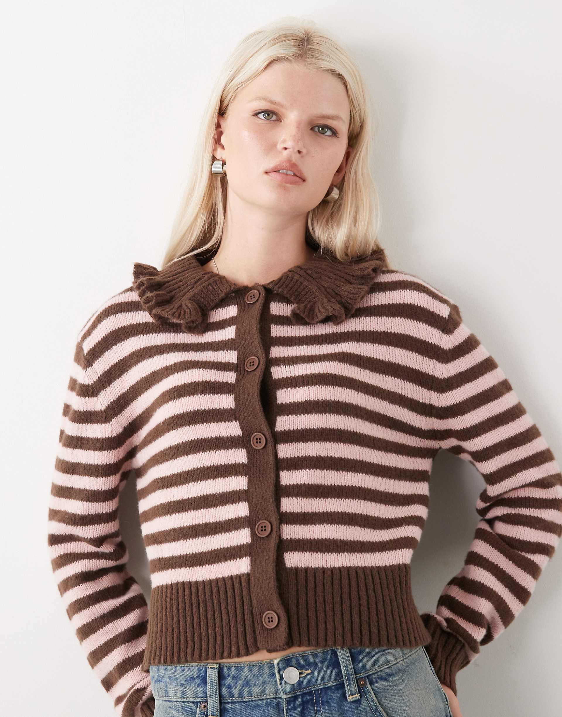 COLLUSION striped knit cardigan with frill collar in pink and brown stripes