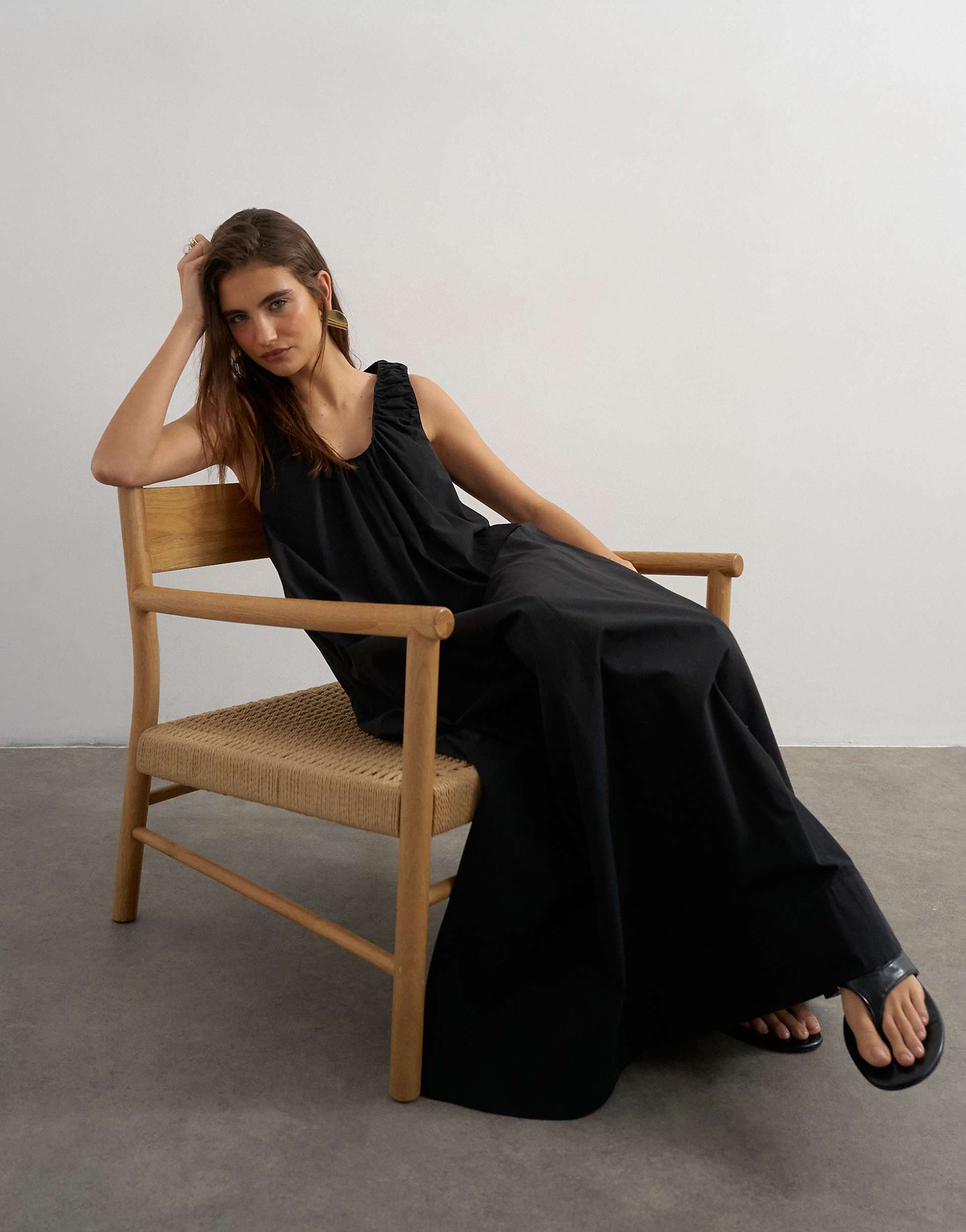 Topshop cotton poplin ruched neck maxi sundress in black