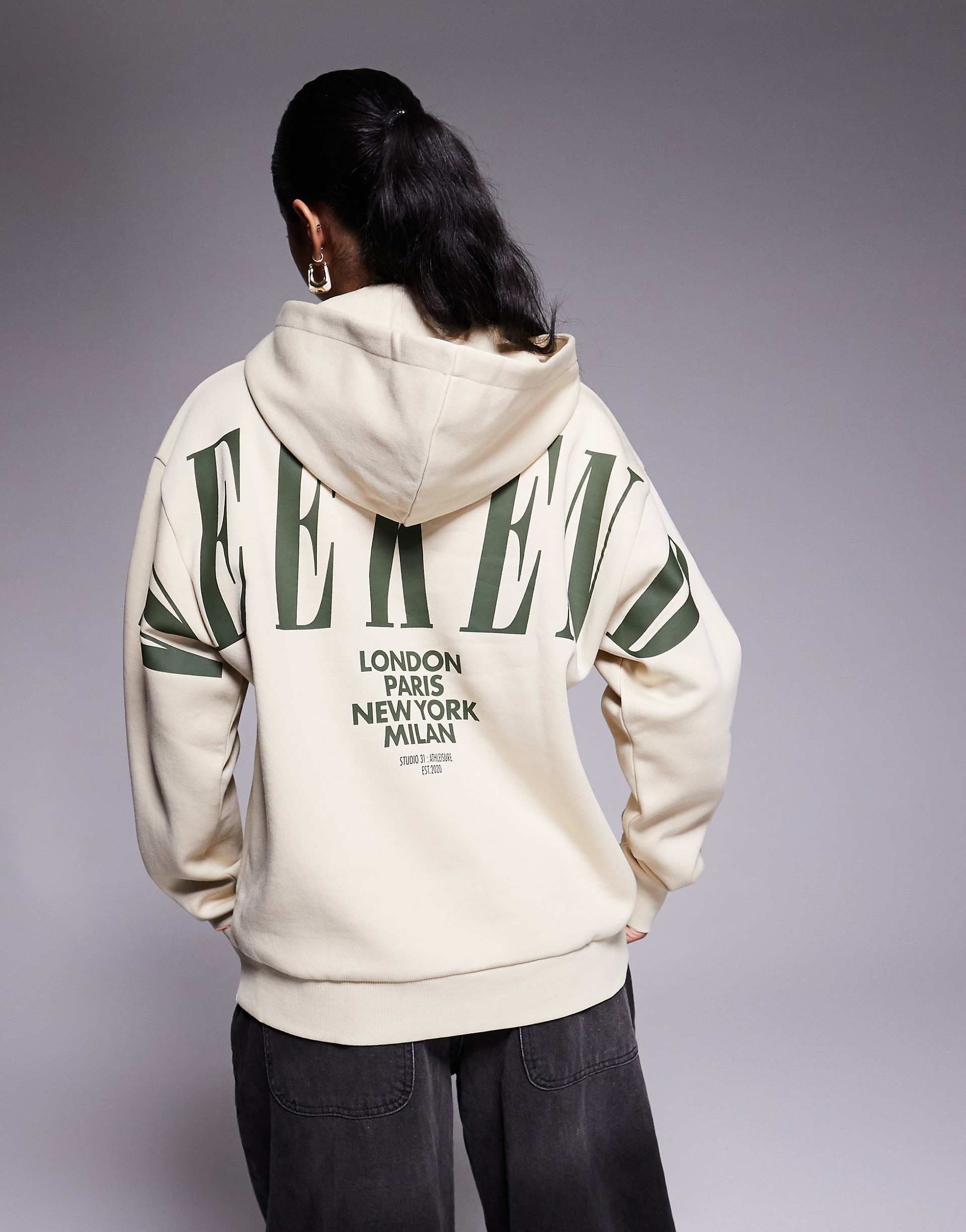 Weekend Collective oversized hoodie with stacked back logo in stone