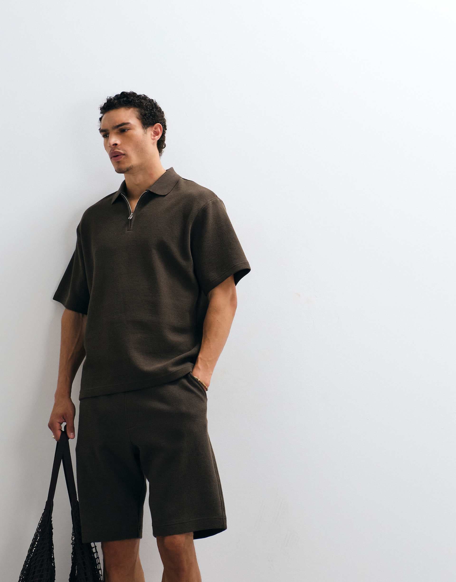 Selected waffle shorts in brown - part of a set