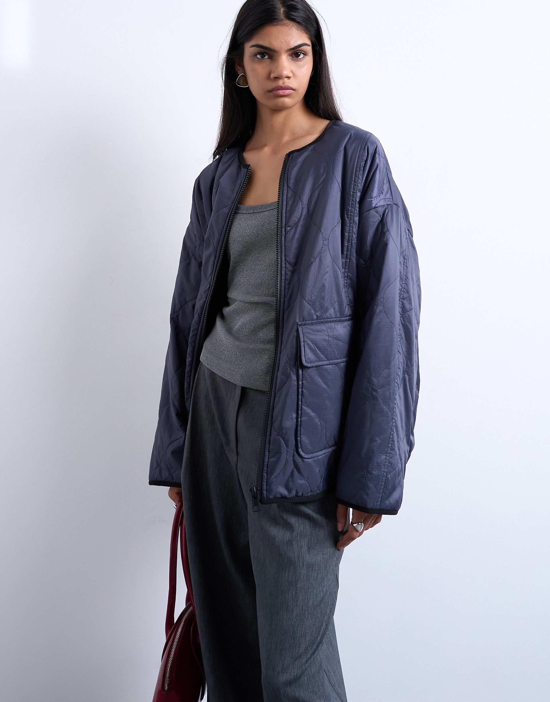 Topshop two tone collarless fleece liner jacket in navy