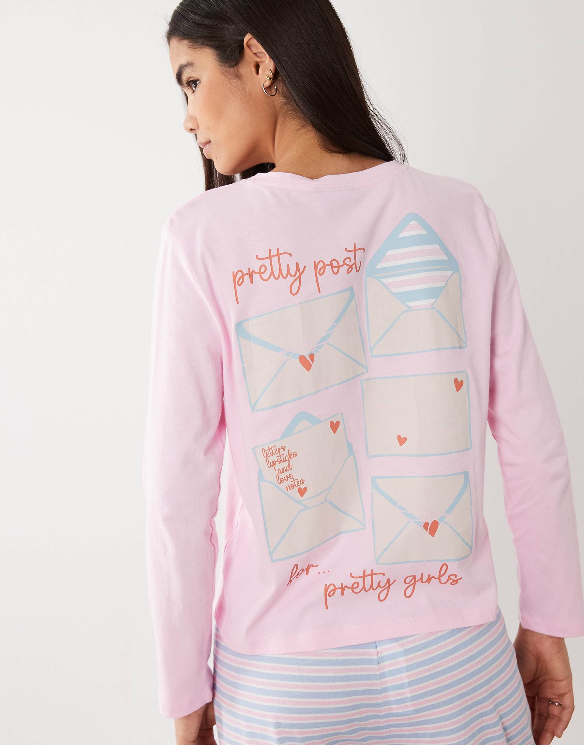 ASOS DESIGN pretty post long sleeve top and pants pajama set in pink