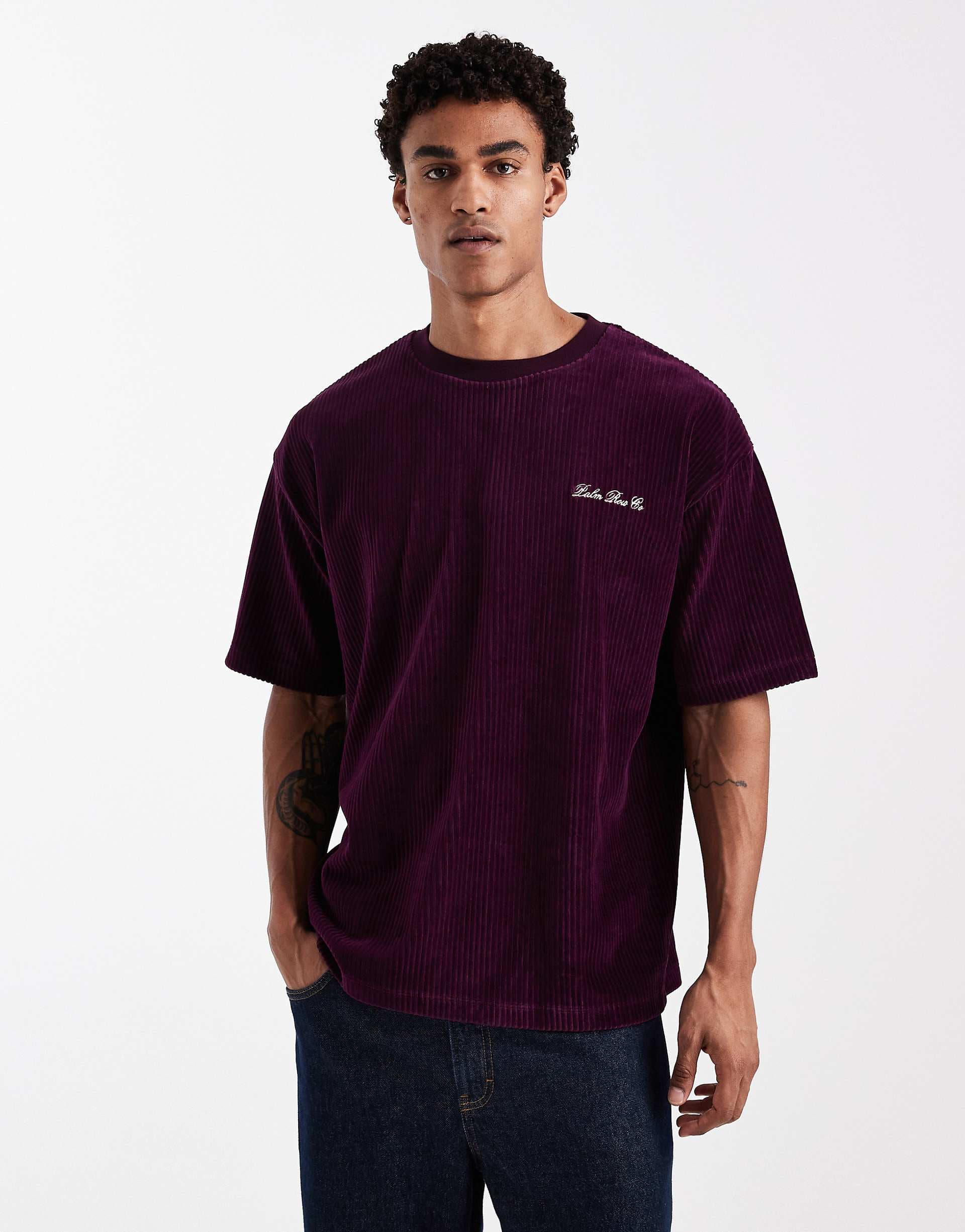 ASOS DESIGN heavyweight oversized T-shirt with chest embroidery in textured burgundy