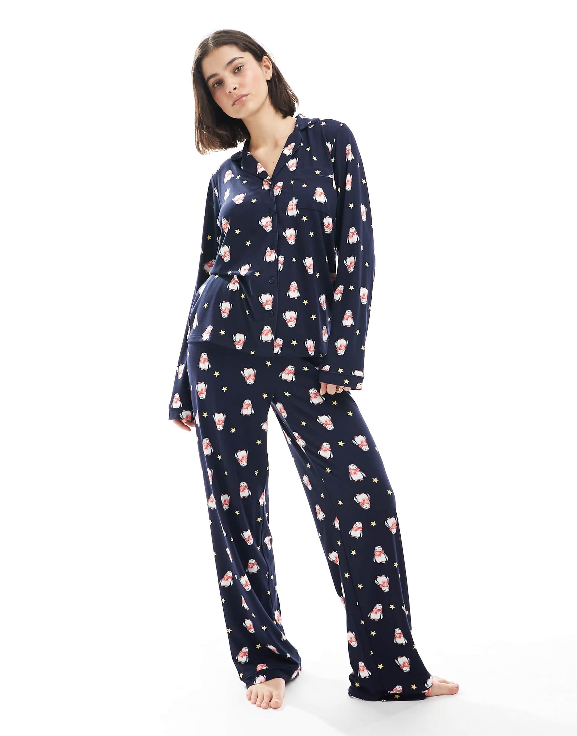 Loungeable Christmas supersoft jersey pajama set in navy penguin print