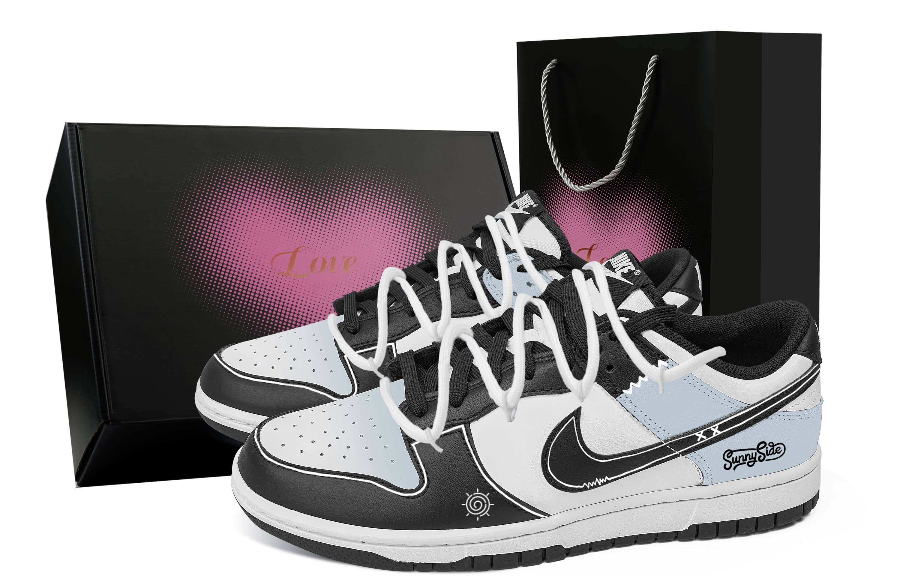 Custom Nike Dunk 'Mist White' Heart Gift Box Graffiti Gradient English Versatile Personality Wear-Resistant Low-Top Skate Shoes Unisex Black Blue