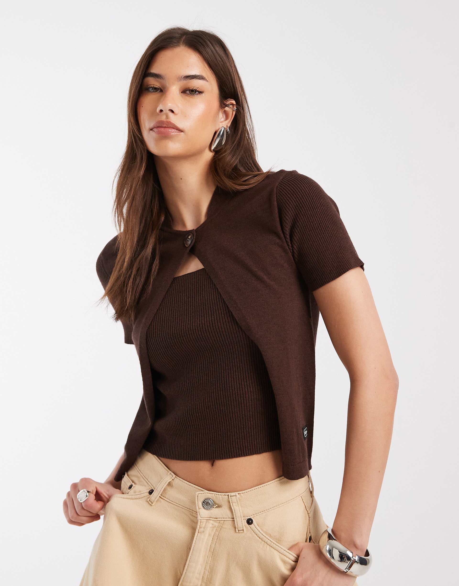 Laagam Gala knit top with cardigan overlay in brown