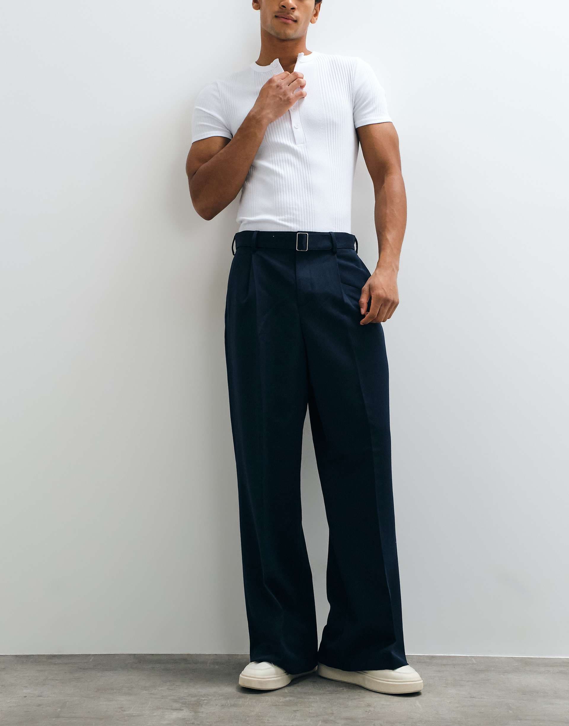 ASOS DESIGN tailored loose leg pants with buckle belt in navy