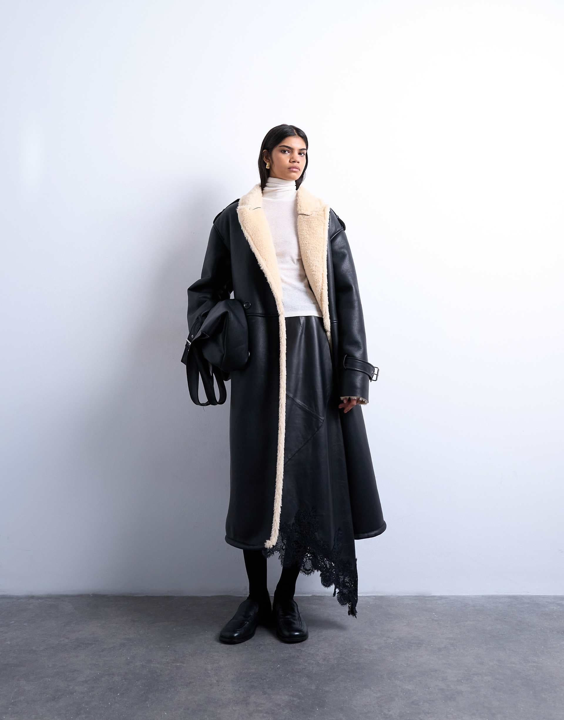 Topshop longline oversized aviator teddy trim coat in black and cream