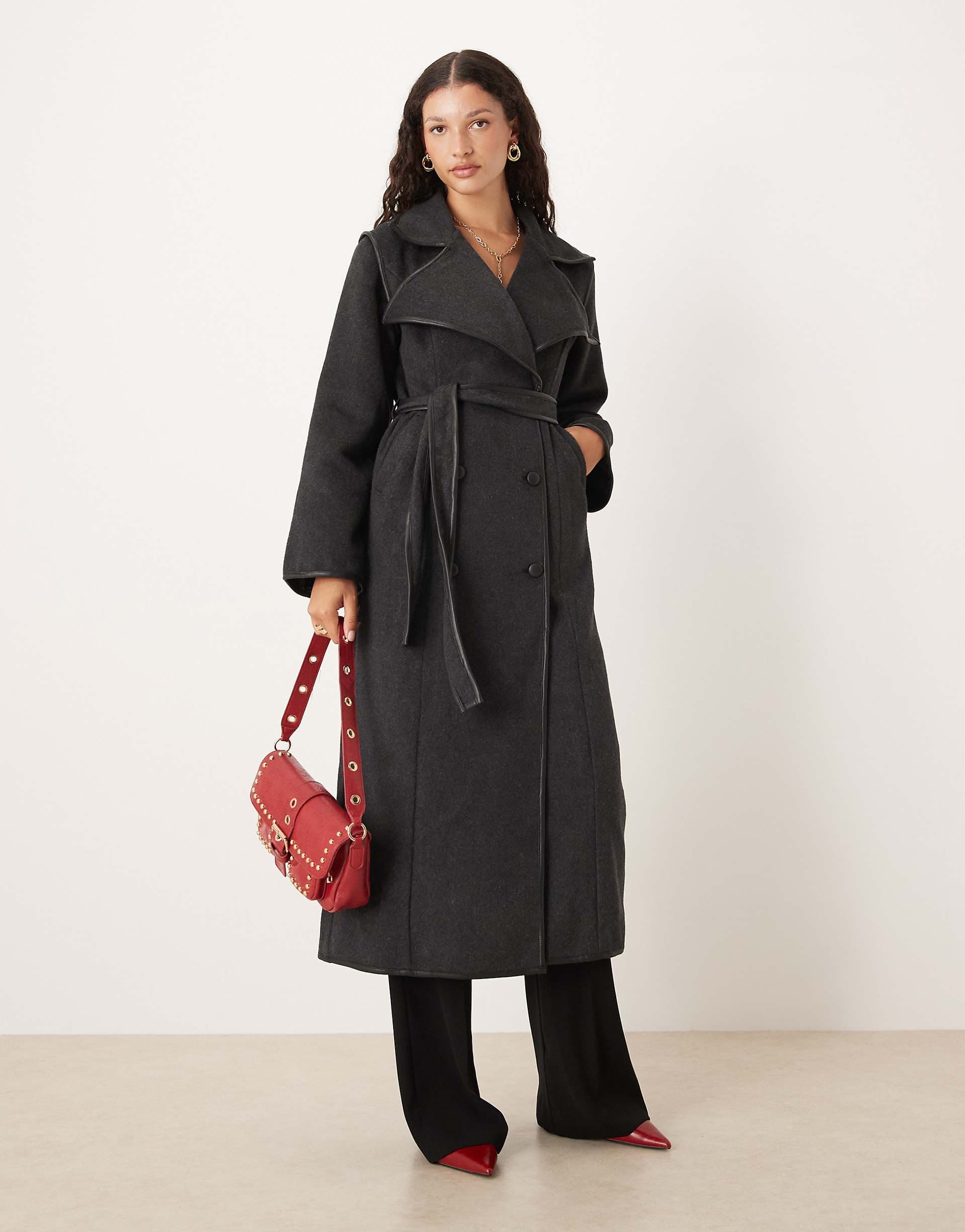 SNDYS wool look faux leather trim collared belted double breasted maxi coat in charcoal