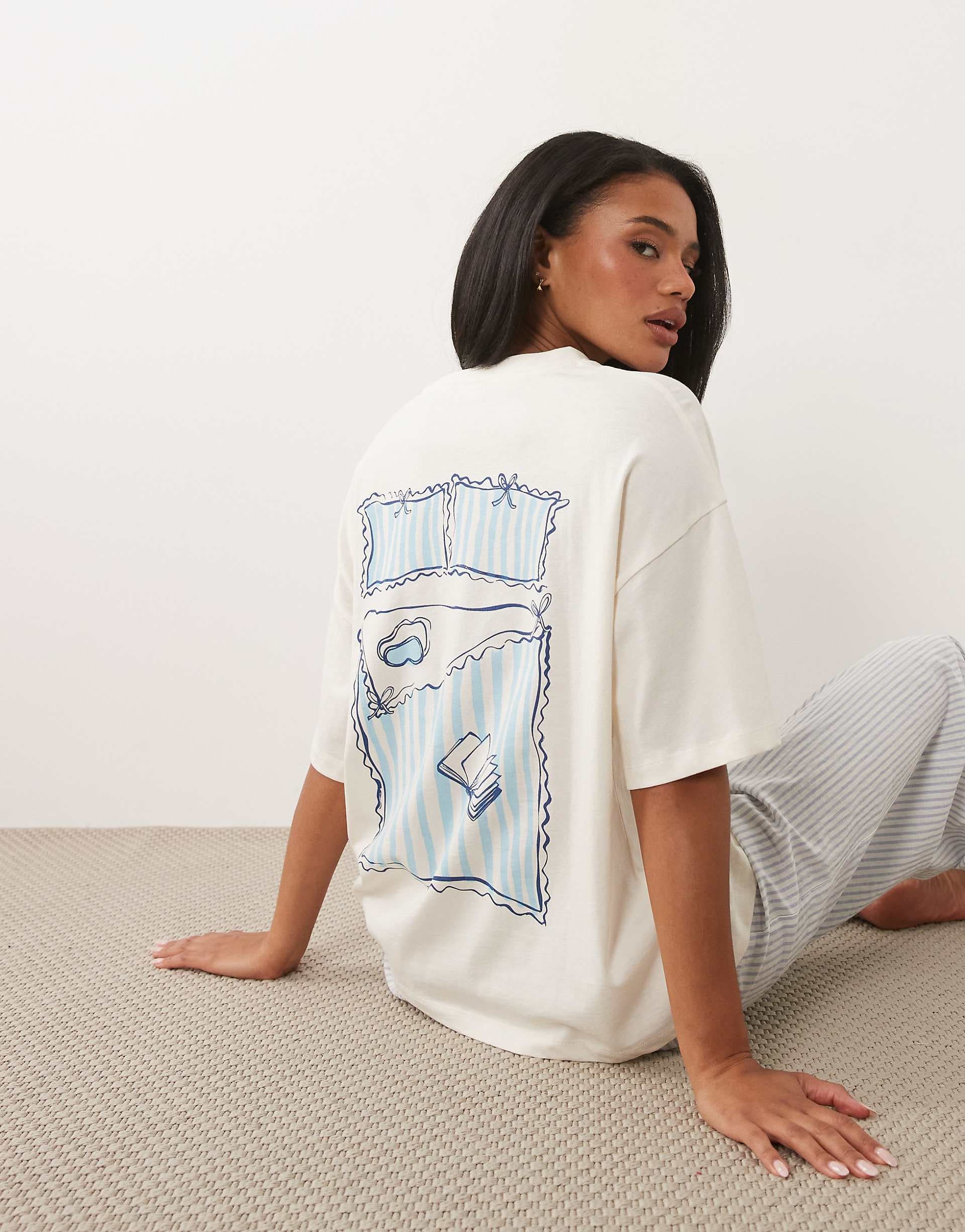 ASOS DESIGN "but first, sleep" embroidered oversized short sleeve top & woven striped pants pajama set in blue