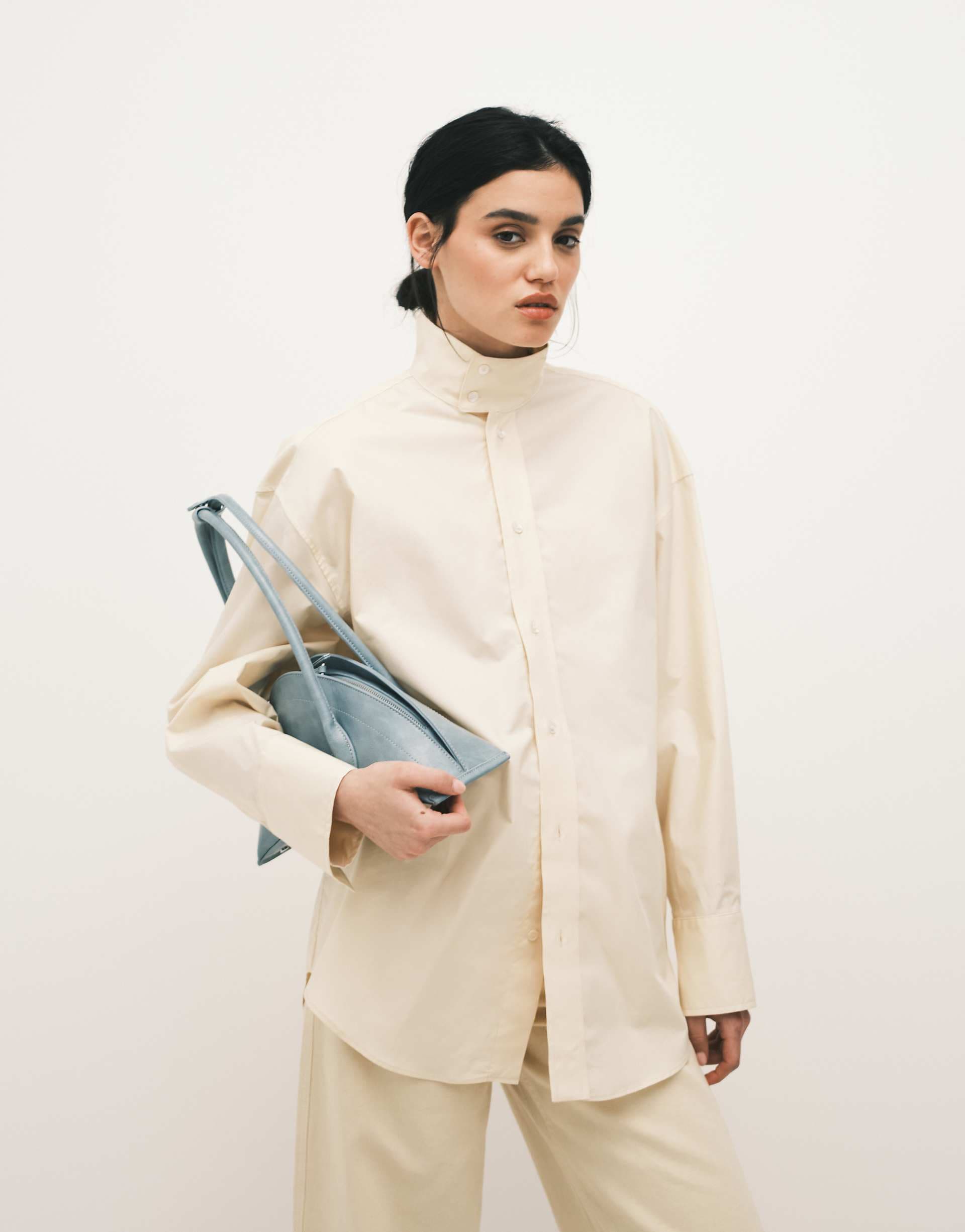 Mango Capsule 100% cotton high neck shirt in butter yellow