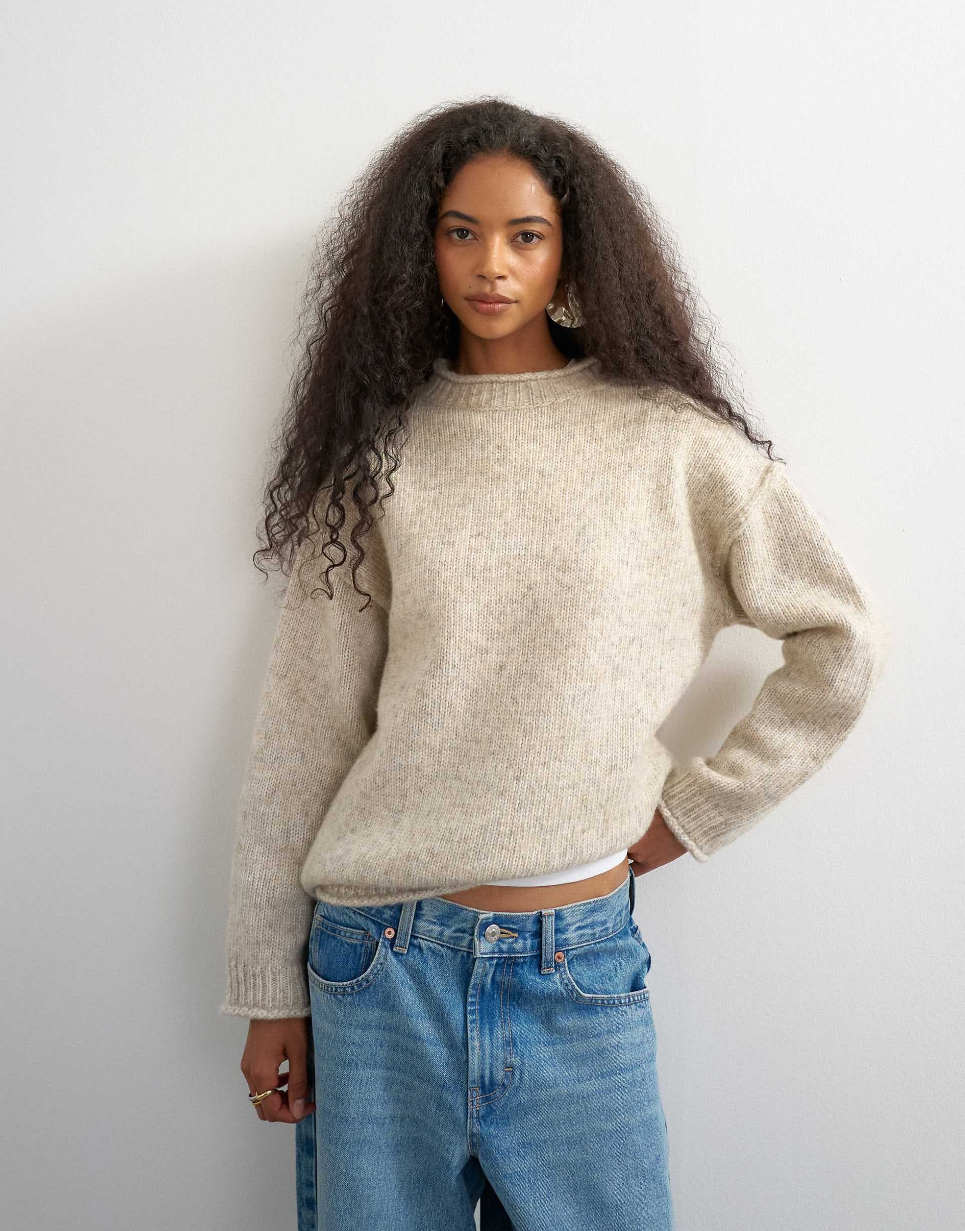 Topshop knit wool blend roll edge longline chunky sweater in oat