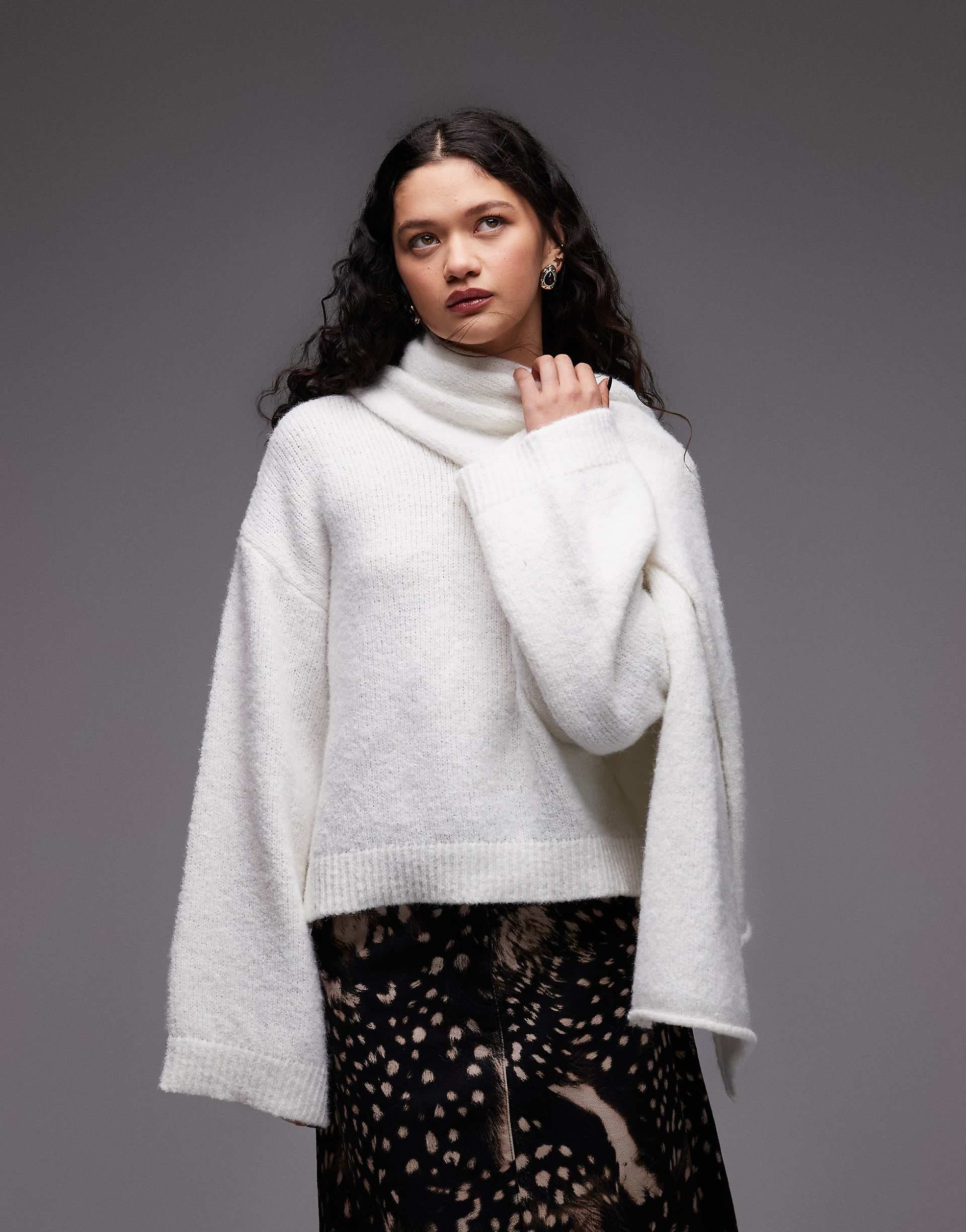 ASOS DESIGN knit wool blend sweater with attached scarf in cream