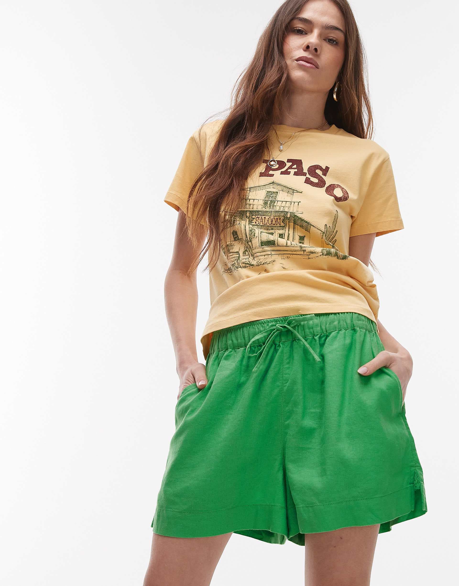 Topshop high rise drawstring linen mix shorts in green