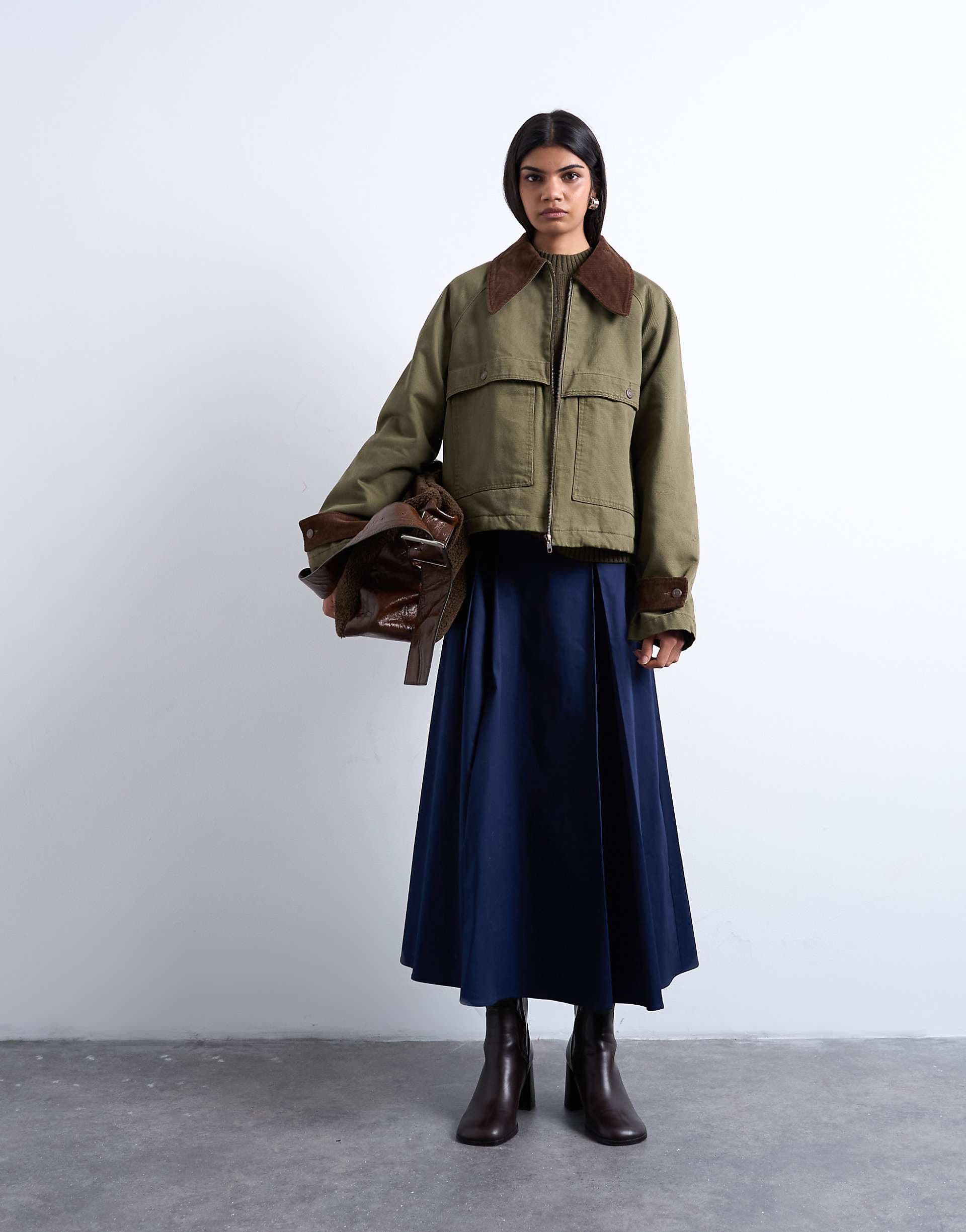 Topshop denim padded barn jacket with contrast cord collar in khaki