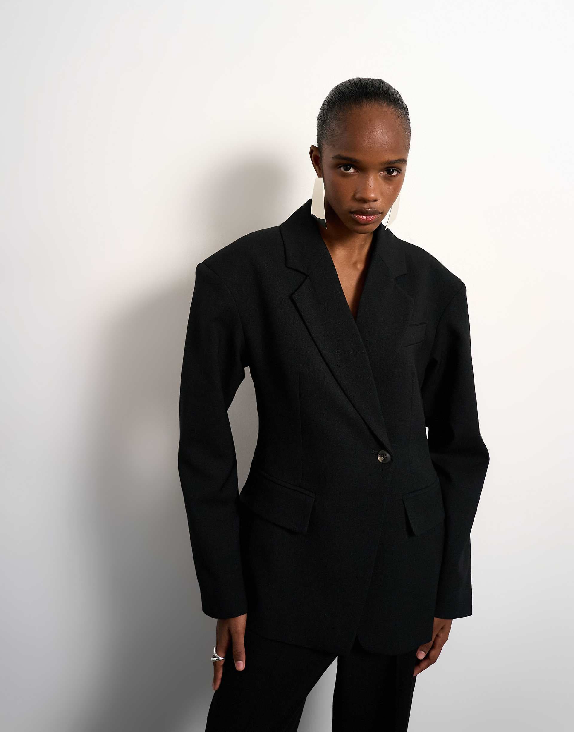 Topshop cinched padded shoulder blazer in black