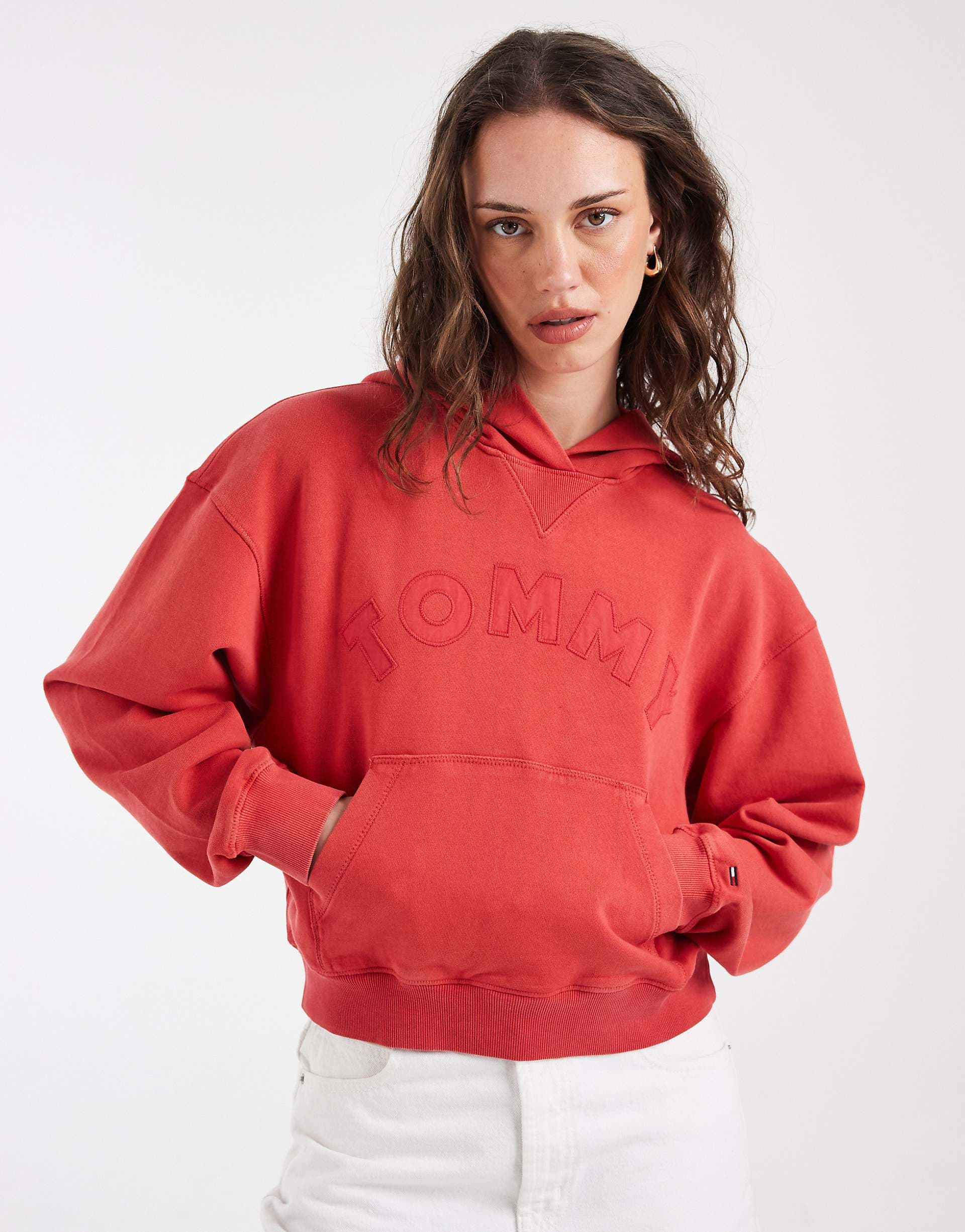 Tommy Jeans varsity logo boxy crop fit hoodie in red