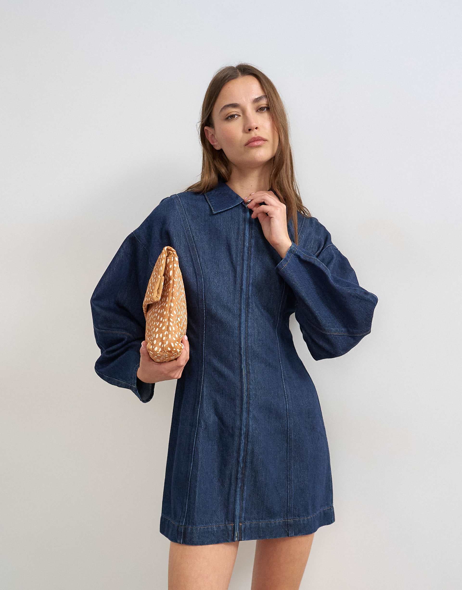 Topshop denim zip up mini dress with ovoid sleeve in indigo rinse