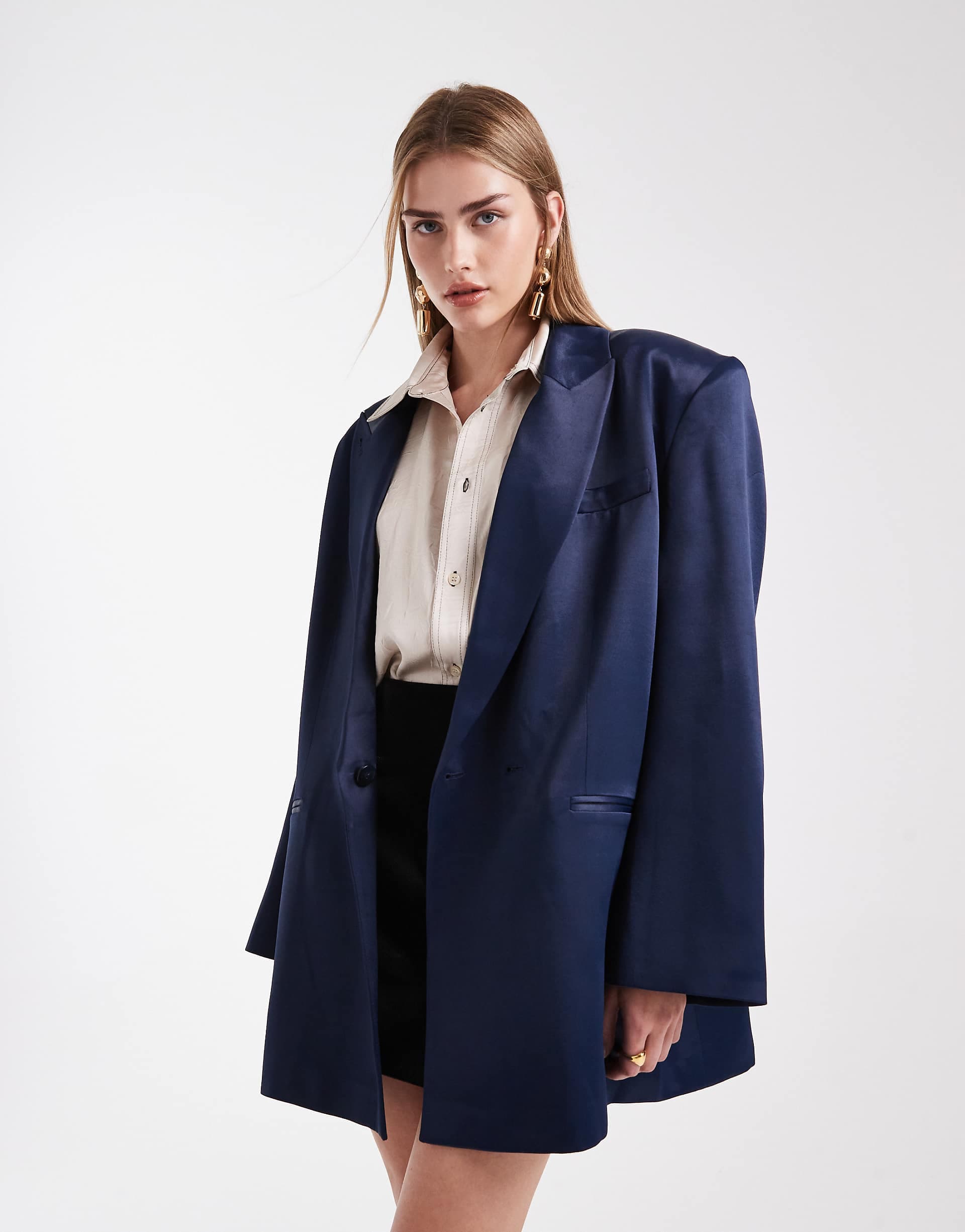ASOS DESIGN satin longline oversized blazer in navy