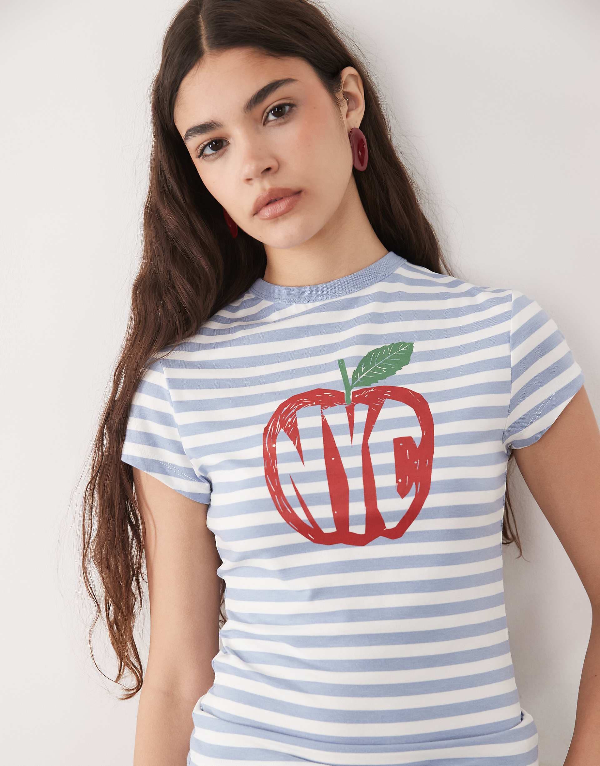 ASOS DESIGN regular fit stripe t-shirt with NYC apple graphic
