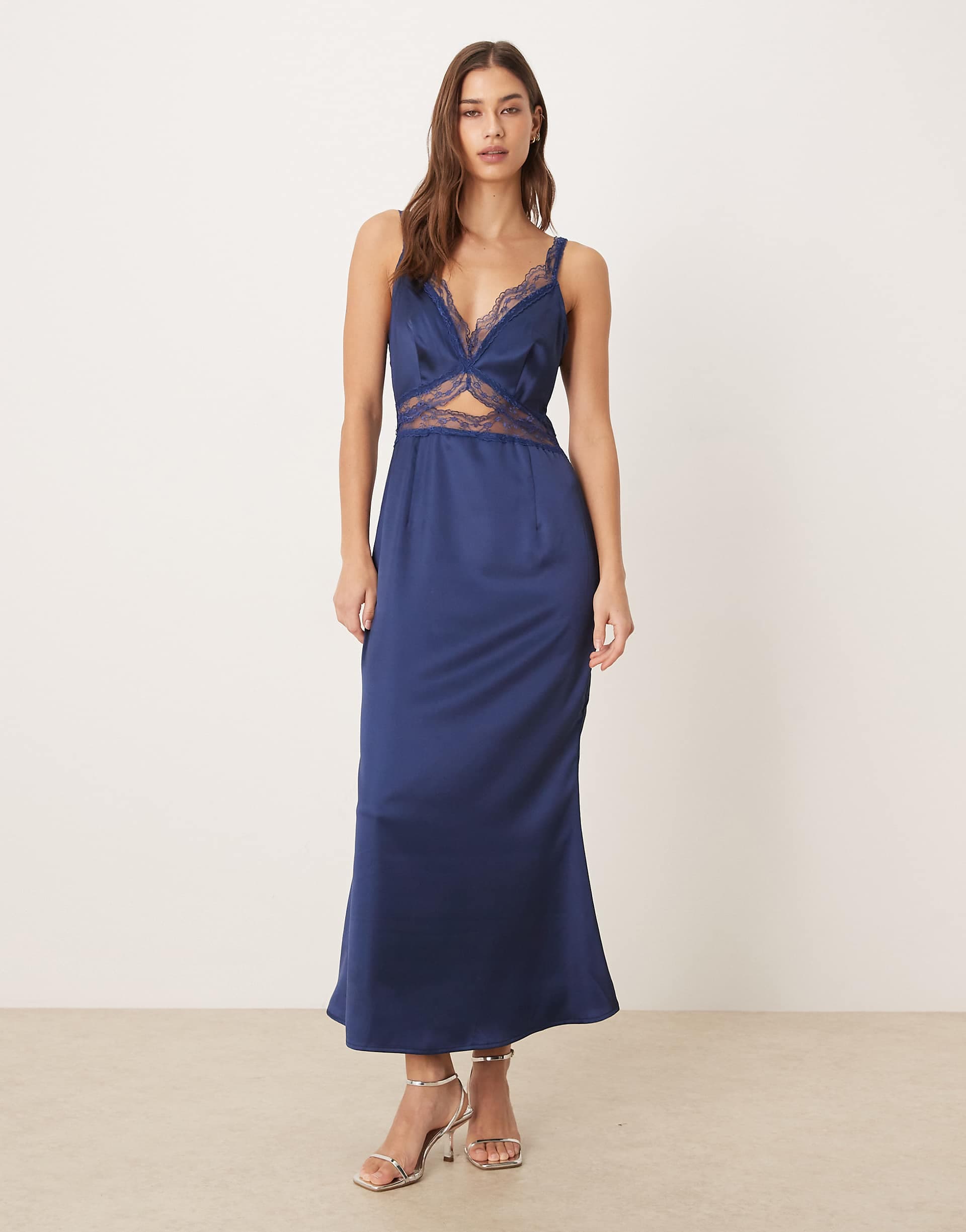 Never Fully Dressed Mimi satin slip midaxi dress in navy
