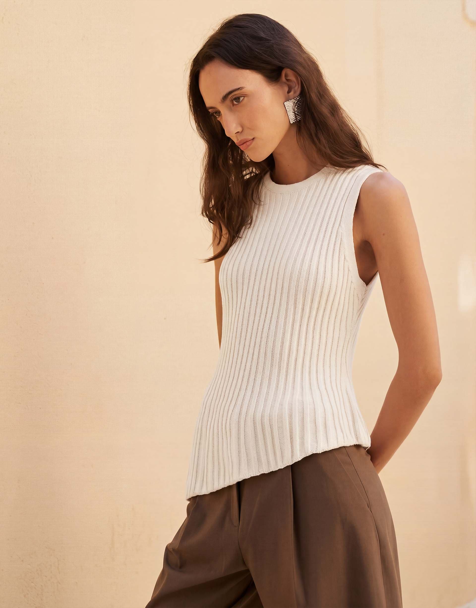 ASOS DESIGN knit cinched pleated asymmetric top in ecru