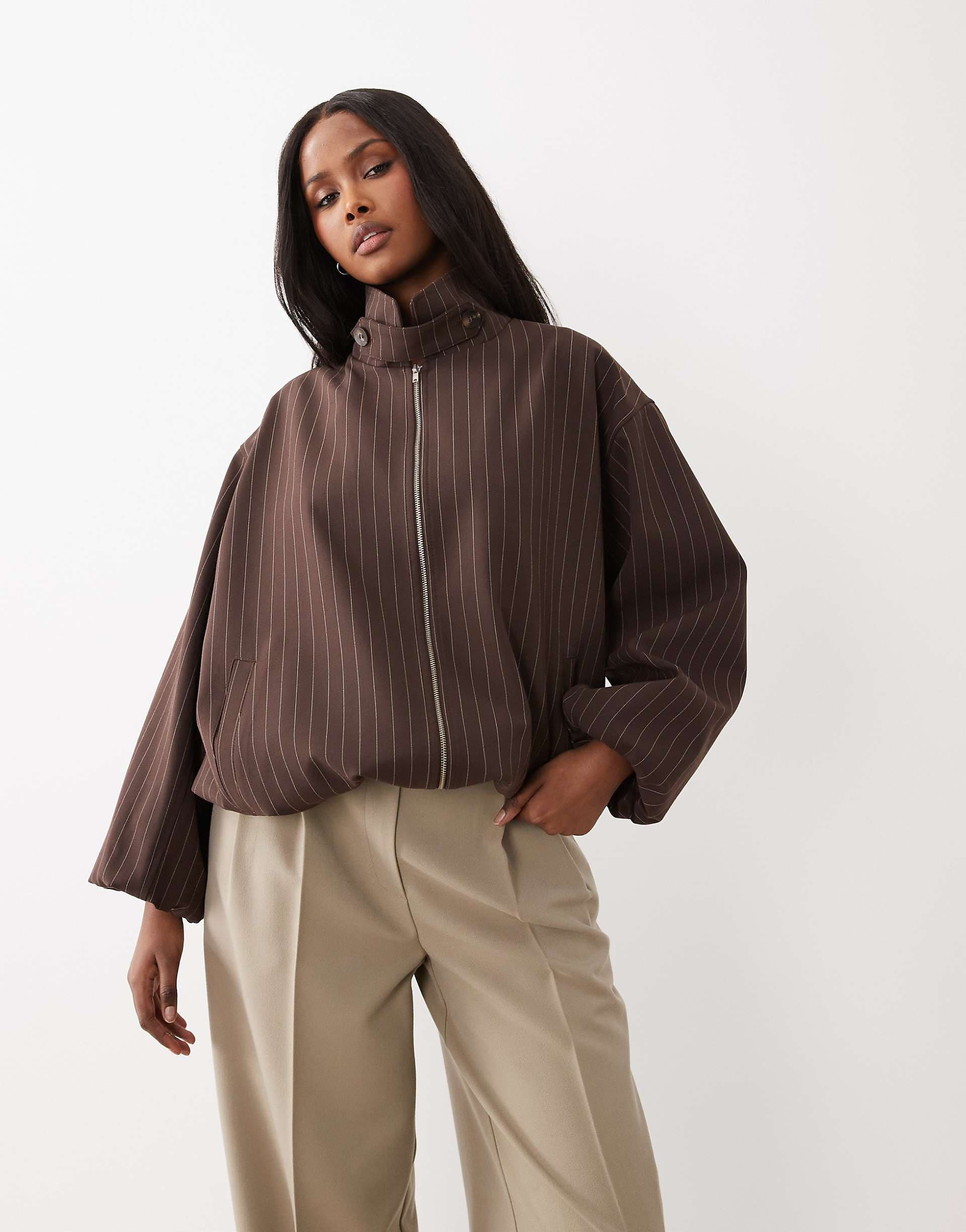 ASOS DESIGN casual harrington jacket with funnel neck in brown pinstripes