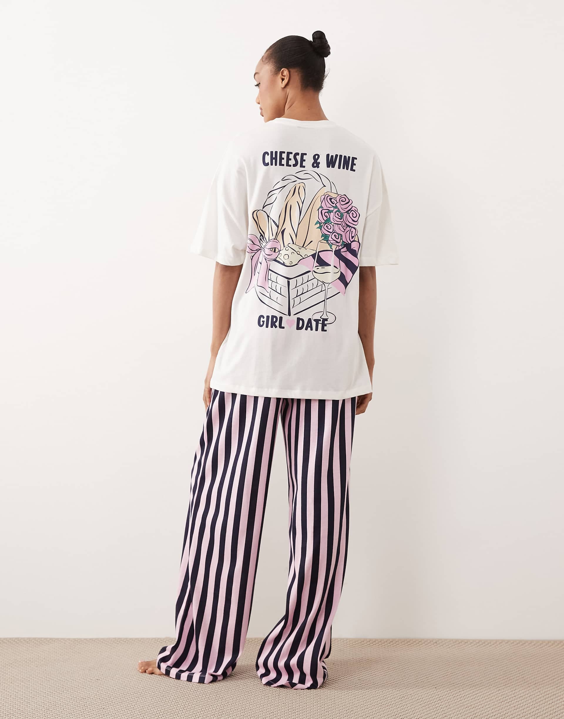 ASOS DESIGN Tall cheese & wine graphic short sleeve top and pants pajama set