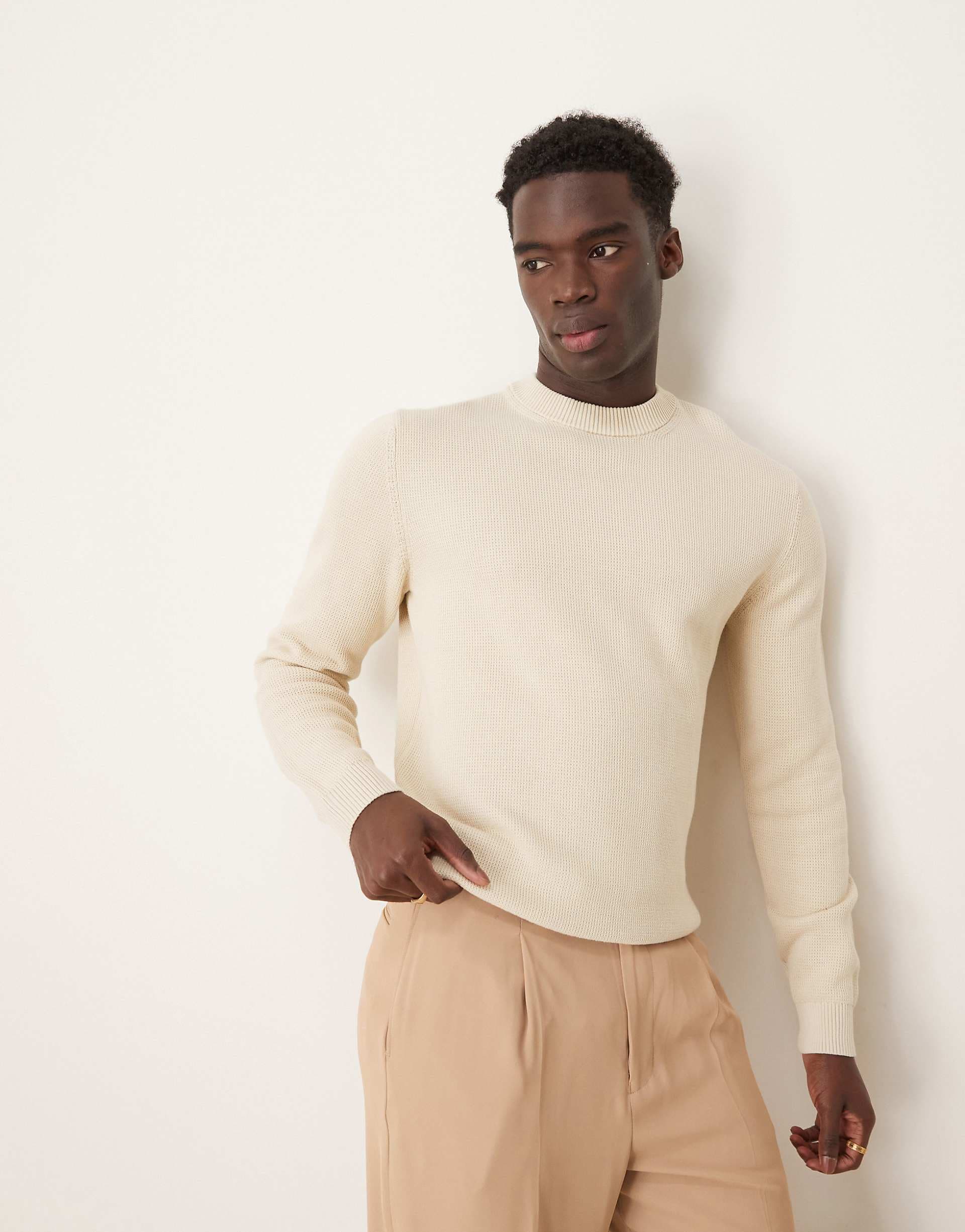 Selected 100% cotton knit crew neck sweater in cream