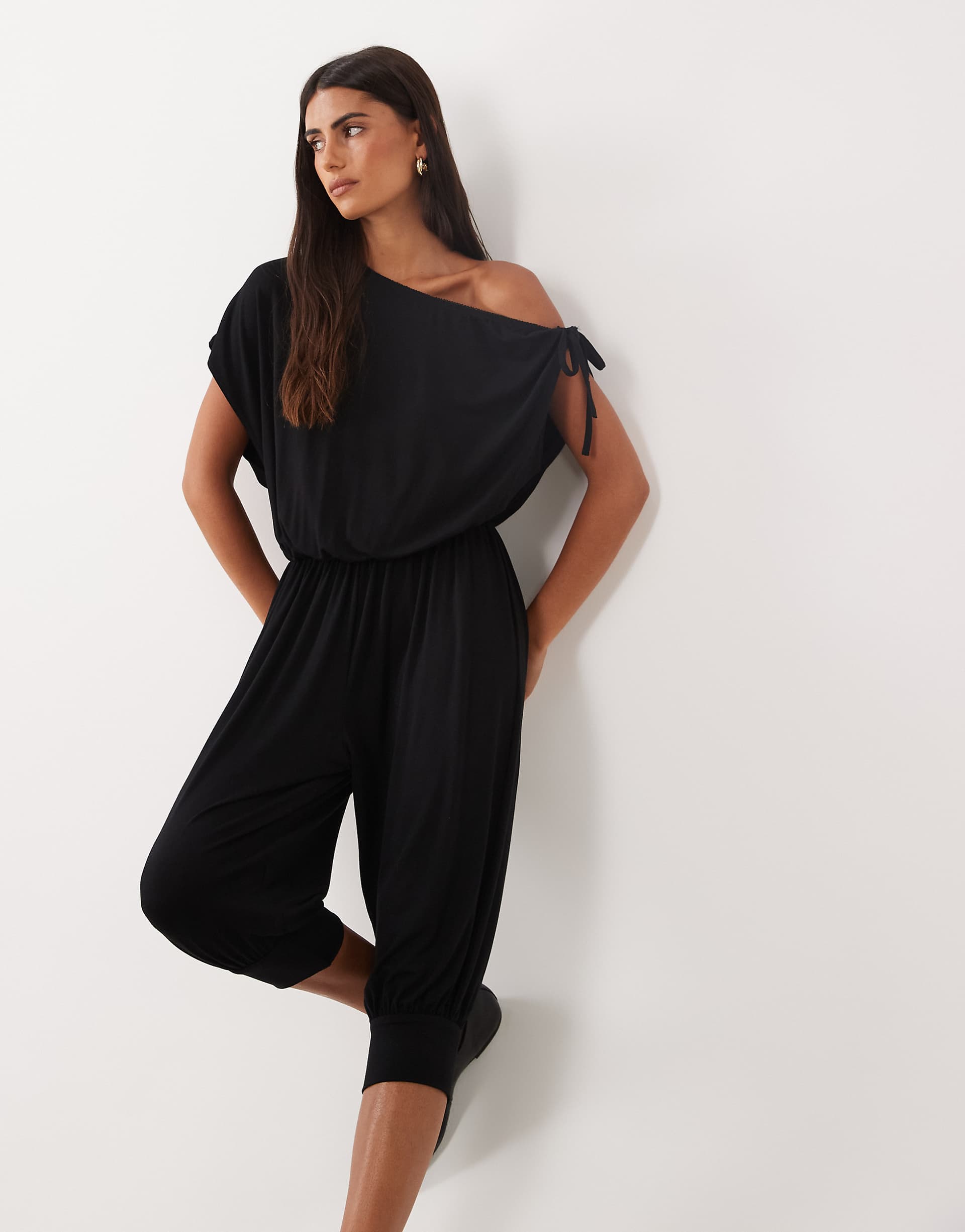 Miss Selfridge off the shoulder capri jumpsuit in black