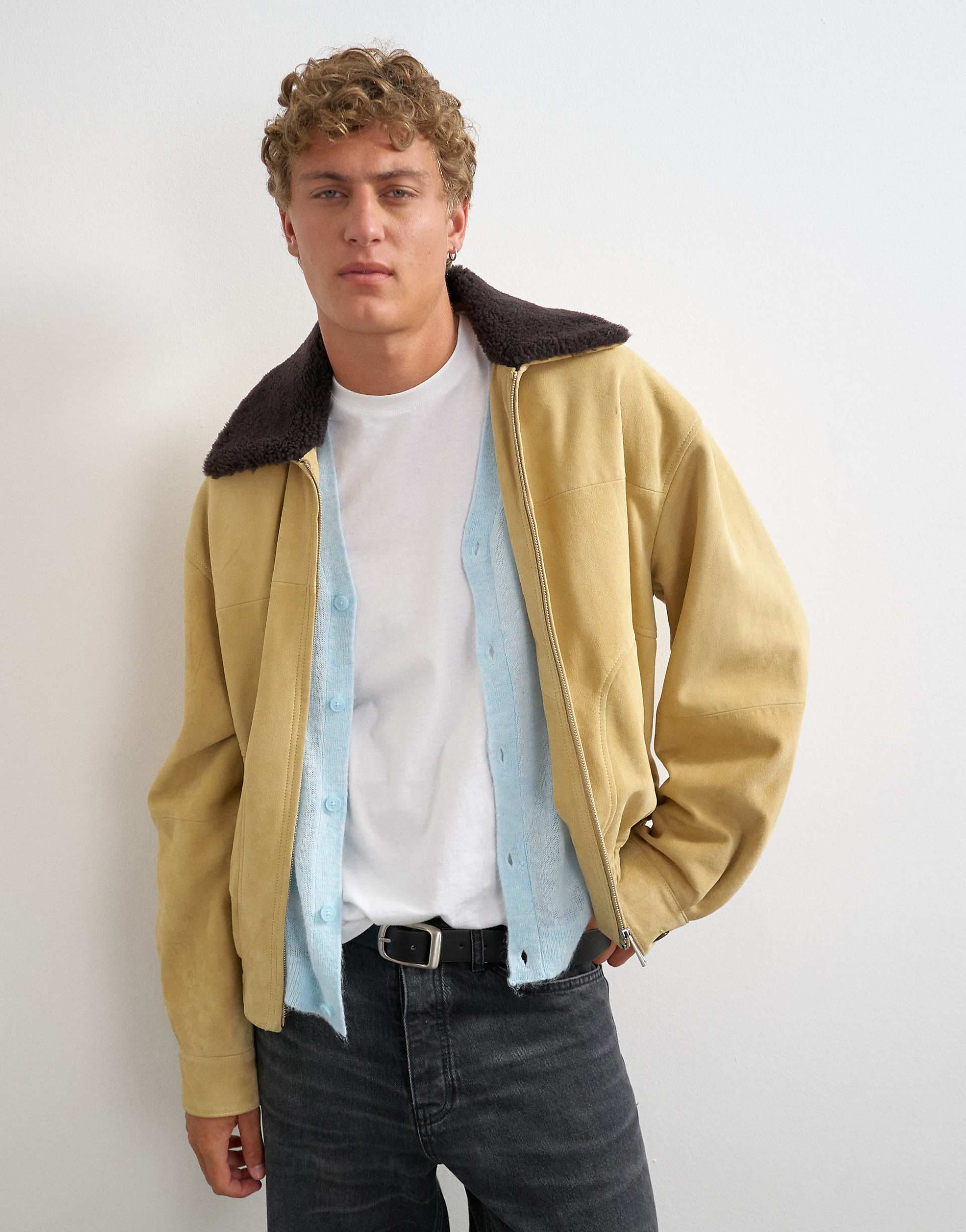 Topman oversized fit real suede jacket with shearling collar in butter yellow