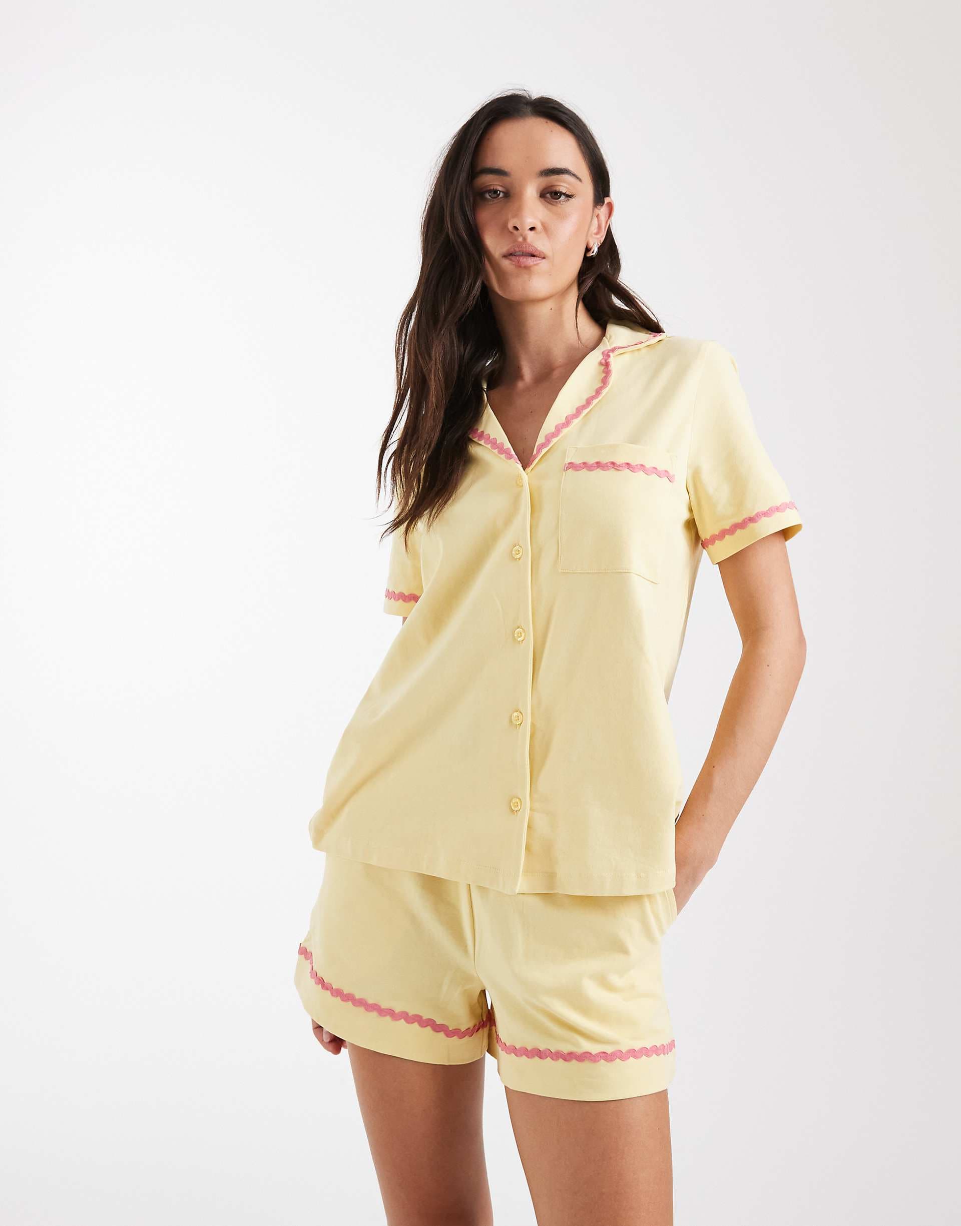 Chelsea Peers time for a nap embroidered short sleeve button up shirt and shorts sleepwear set in yellow