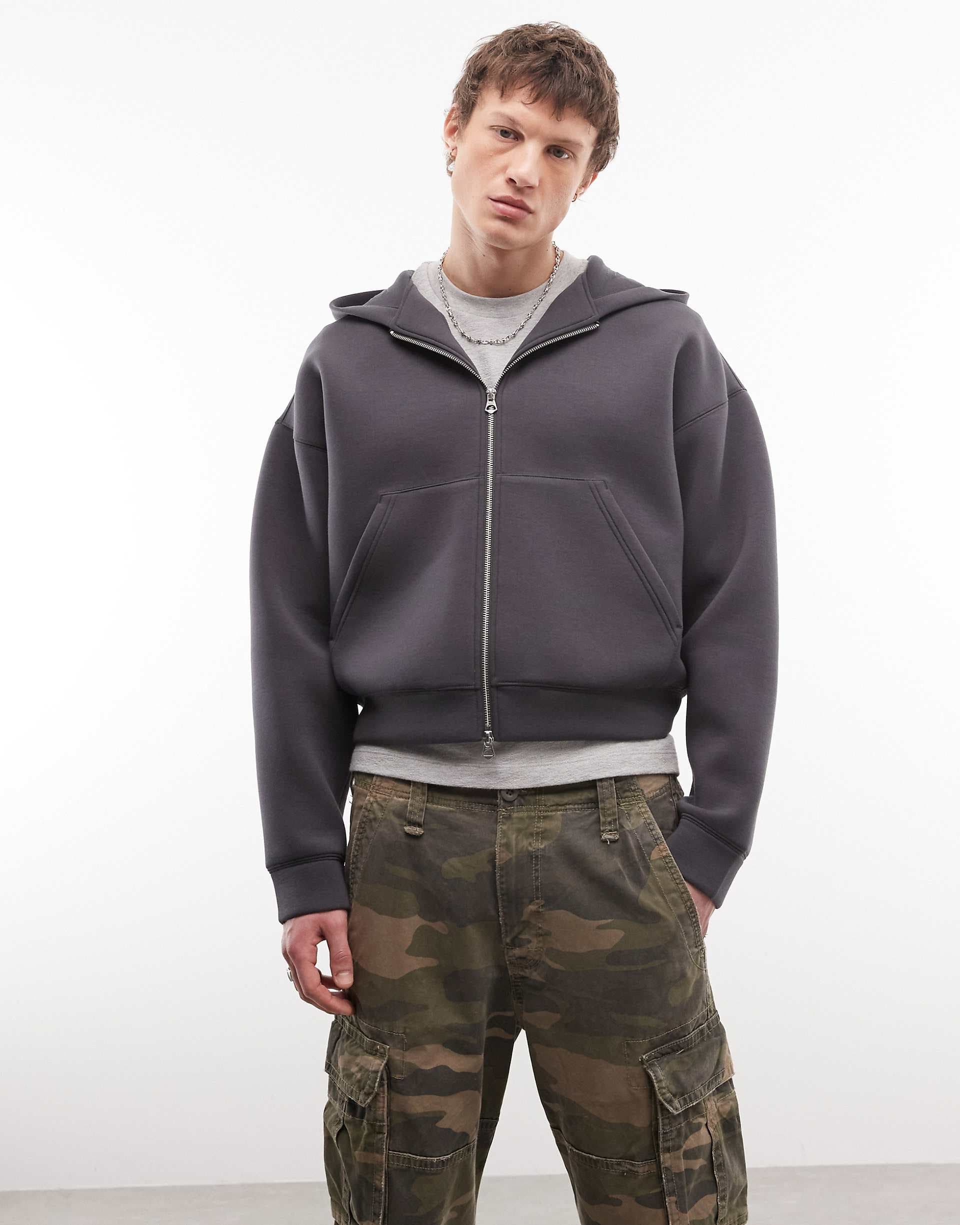 Weekday simon graphic zip up hoodie with embroidery detailing in dark gray scuba-style fabric