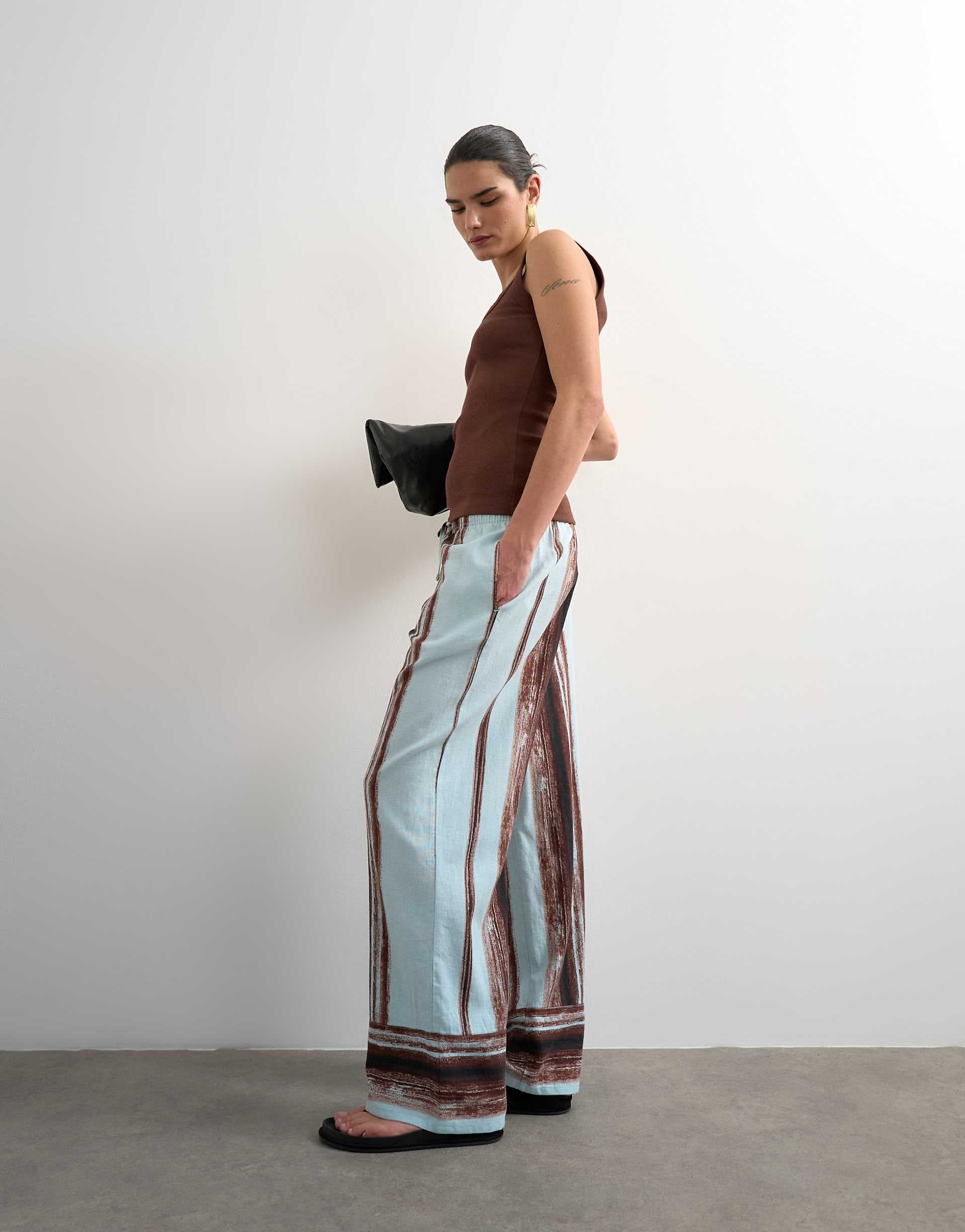 Topshop linen blend blue painted stripes straight leg pants with deep cuffs in blue